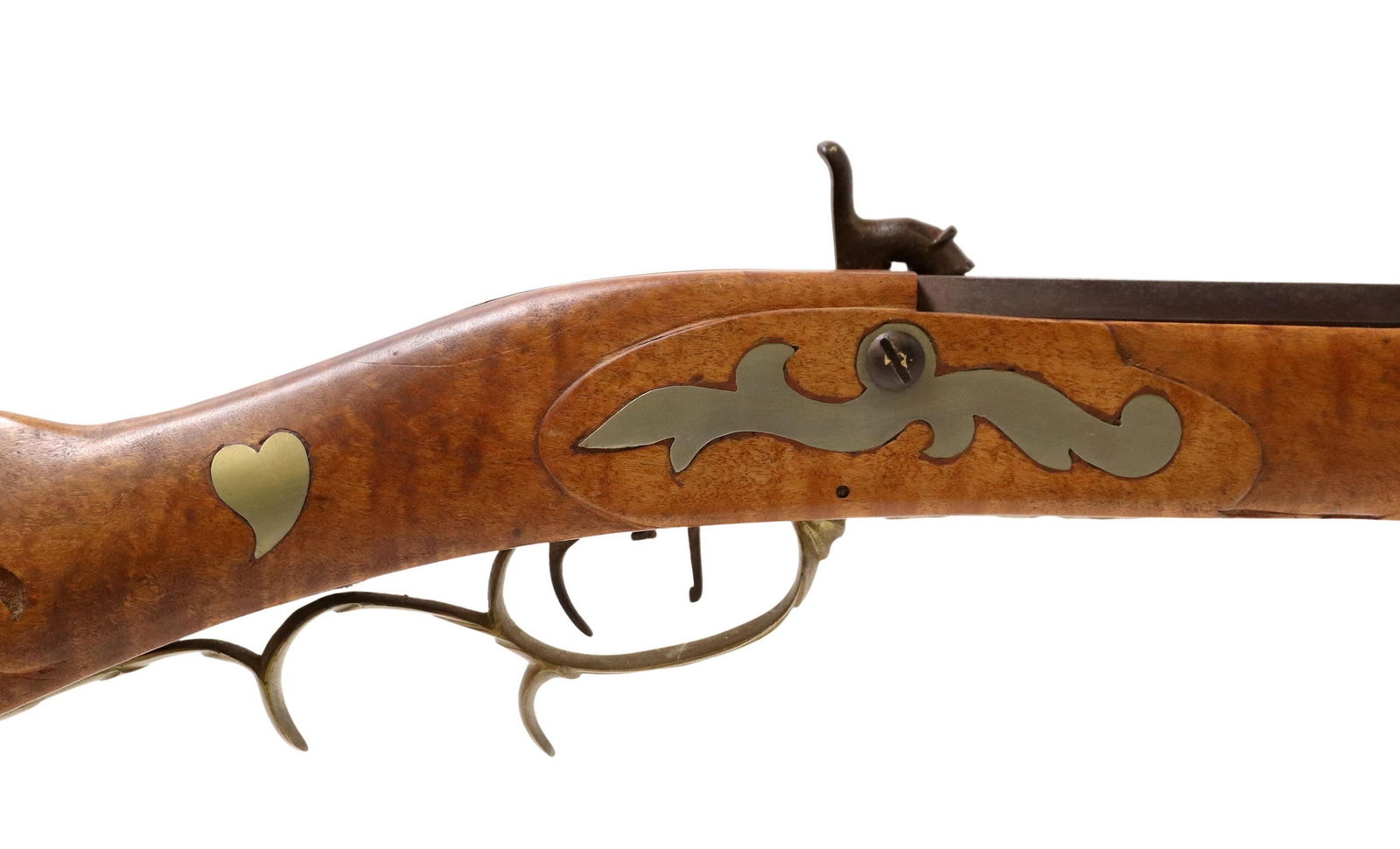 KENTUCKY LEFT HAND PERCUSSION RIFLE 40CAL 20TH C: Kentucky Full Stock Percussion Rifle, hammer at left, .40caliber, an octagonal 43" rifled barrel with blade front sight, wood ramrod, the maple full stock embellished ahead of the lockplate with inset