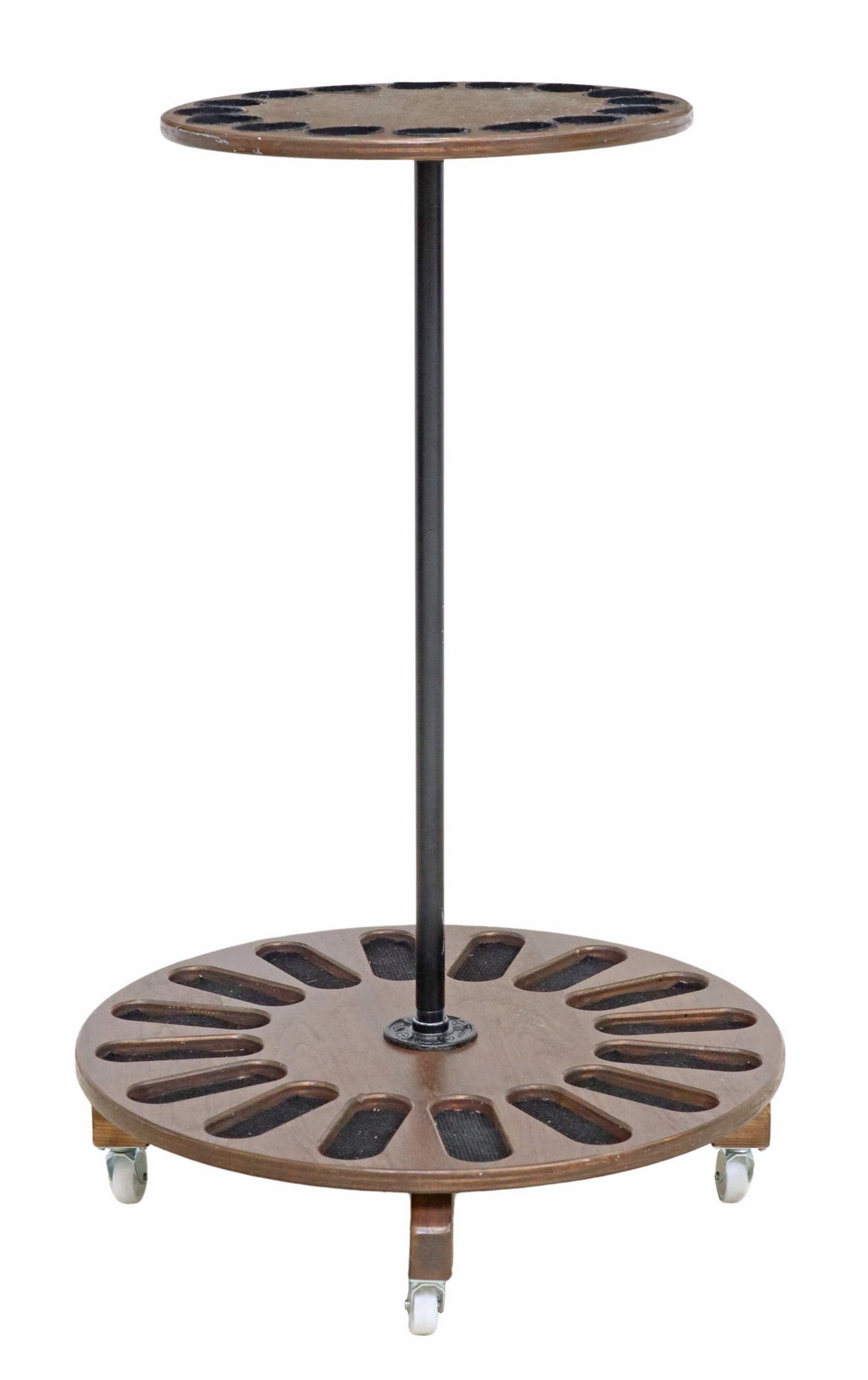 ROTARY GUN DISPLAY RACK FITTED TO HOLD 16 FIREARMS: Rotary gun display rack, two-tier rotating wood frame, fitted to hold sixteen firearms, rising on castors, approx 40"h, 22.5"diam Start Price: $80.00
