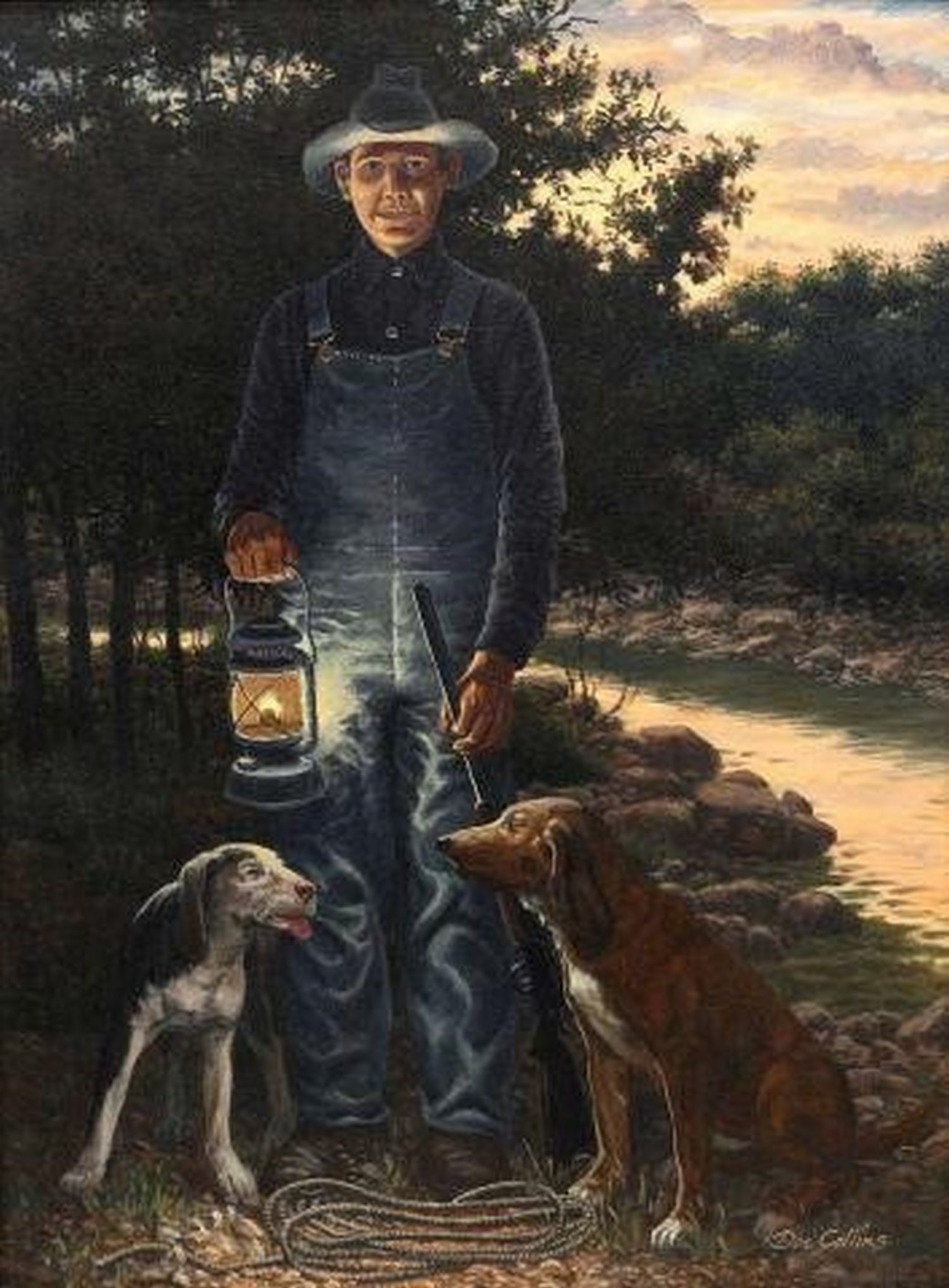 DON COLLINS (TX 20TH C.) PAINTING HUNTER WITH DOGS: Framed oil on canvas painting, "Coon Hunter," signed lower right Don Collins (Texas, 20th c.), titled with additional signature verso, sight: approx 23.5"h, 17.25"w, overall: approx 29.25"h, 23.25"w, 