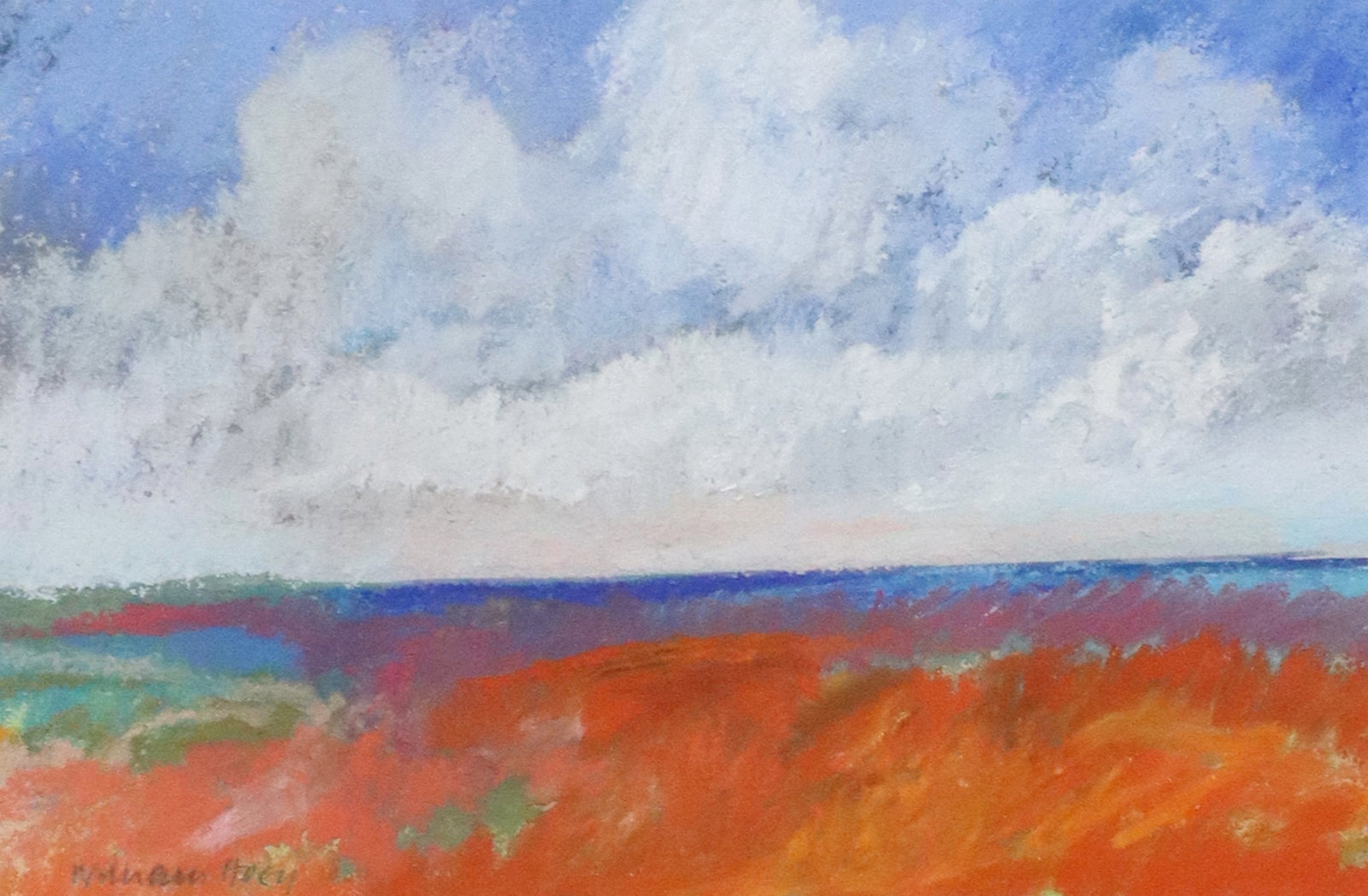 WILLIAM LLEWELLYN HOEY (D.1994) PASTEL LANDSCAPE: Framed pastel drawing on paper, "Red Grass, Gray Sky," signed lower left William Hoey (William Llewellyn Hoey, Texas, 1930-1994), Gallery at Shoal Creek label verso, sight: approx 3 7/8"h, 5 7/8"w, ov