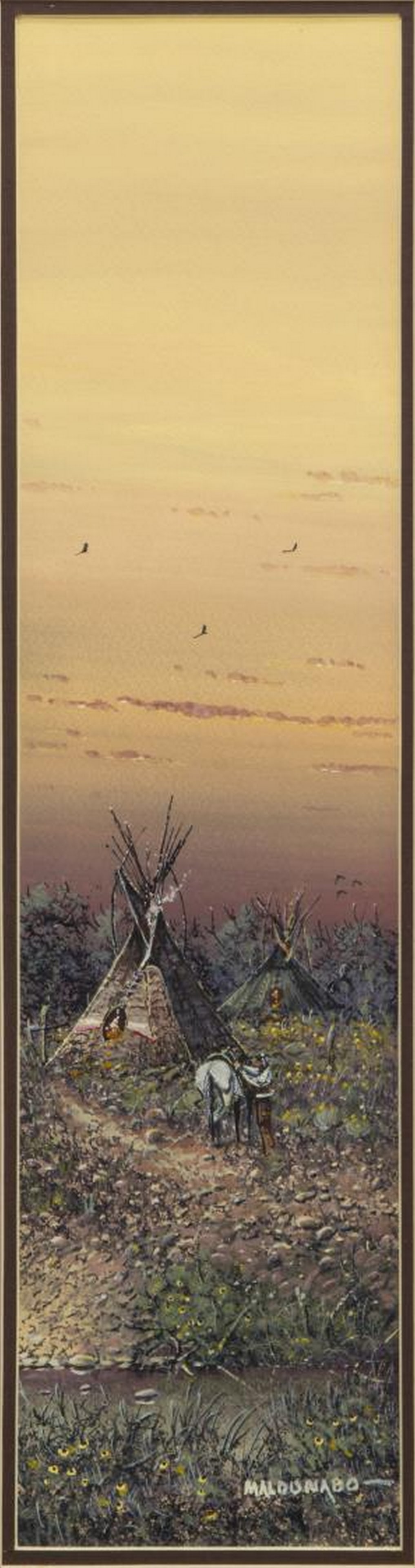 DANIEL MALDONADO (TX, 1940-2019) SUNDOWN SPLENDOR: Framed watercolor painting on paper, "Sundown Splendor," signed lower right Maldonado (Daniel Maldonado, Texas, 1940-2019), titled, dated 2009, and signed verso, sight: approx 21.5"h, 5.5"w, overall: 