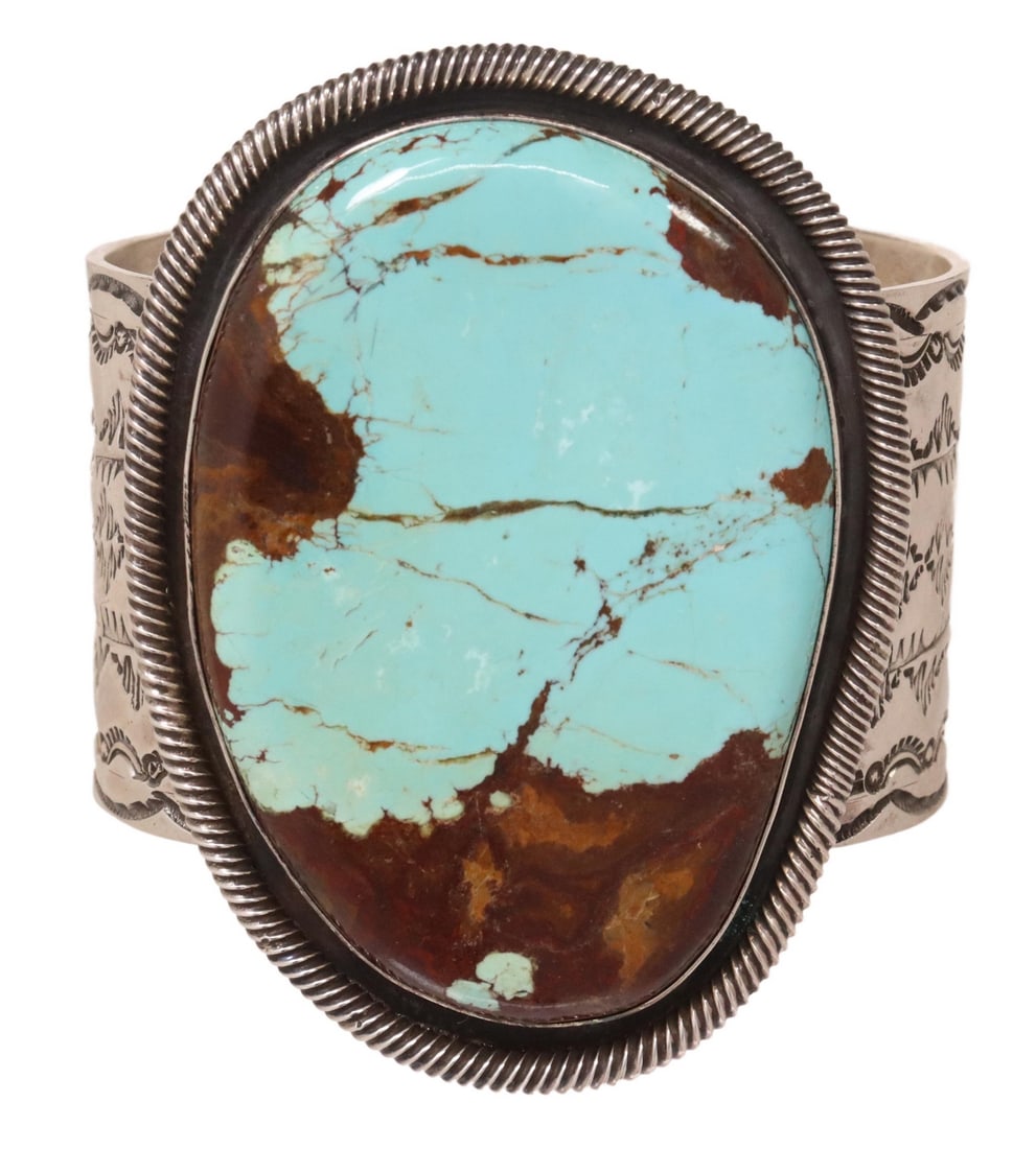 LARGE SOUTHWEST STERLING & TURQUOISE CUFF: Southwest sterling silver cuff bracelet, signed JG, possibly Juan Guerrero, large bezel-set turquoise plaque, rope twist edge, on a stamp work cuff, approx 3"w, interior: approx 5 3/8"l, gap: approx 1