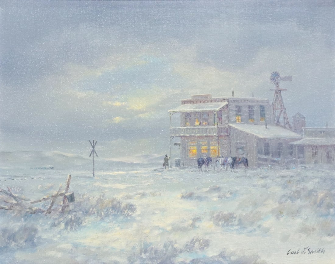 CARL J. SMITH (B.1928) WESTERN PAINTING, 16" X 20": Framed oil on canvas painting, "Leavin'," signed lower right Carl J. Smith (Texas, b.1928), Country Store Gallery label verso, sight: approx 15.5"h, 19.5"w, overall: 21.75"h, 25.75"w, 4.5lbs **Provena