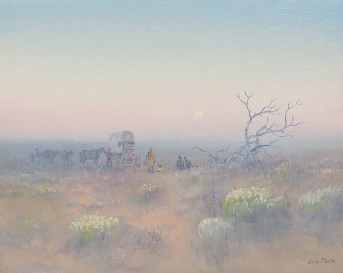 CARL J SMITH (TX, B1928) WESTERN PAINTING, 16"X20": Framed oil on canvas painting, "Evening Glow," signed lower right Carl J. Smith (Smith (Texas, b.1928), retaining title plaque and Country Store Gallery, Austin, Texas label verso, sight: approx 15.75