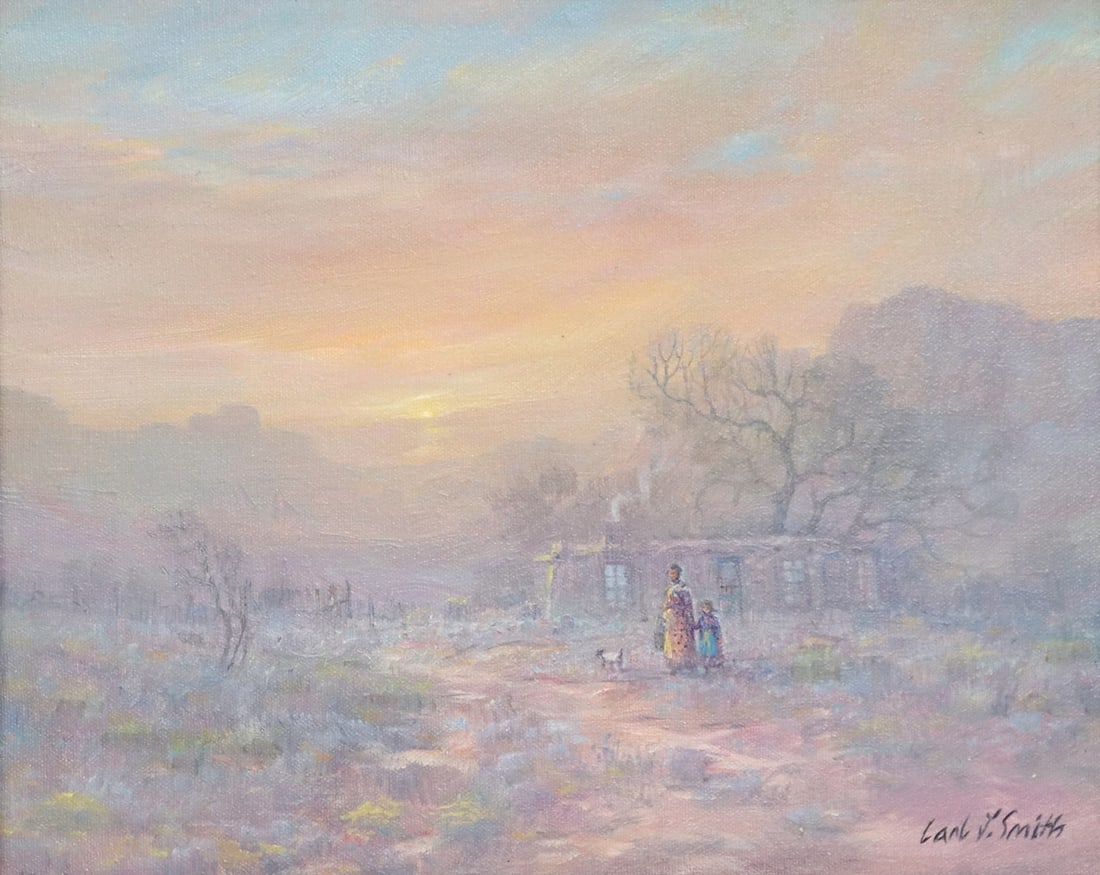 CARL J. SMITH (B.1928) WESTERN PAINTING, 11" X 14": Framed oil on canvas painting, "Walk to the Spring," signed lower right Carl J. Smith (Texas, b.1928), Country Store Gallery label verso, sight: approx 10 3/8"h, 13.5"w, overall: 17 1/8"h, 20"w, 3.75l