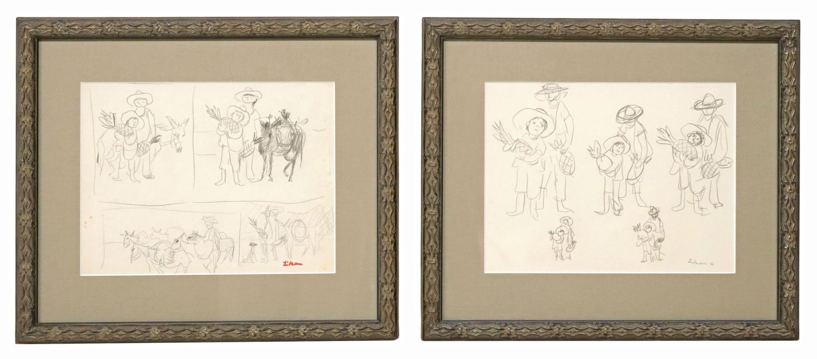 (2) GUSTAV LIKAN (D.1998) PENCIL DRAWINGS MEXICO: (lot of 2) Framed graphite drawings on paper, Sketches from Mexico, Boy with Pineapple, signed lower right Likan (Gustav Likan, Yugoslavian, active in Texas, 1912-1998), (one) dated [19]66, sight: app