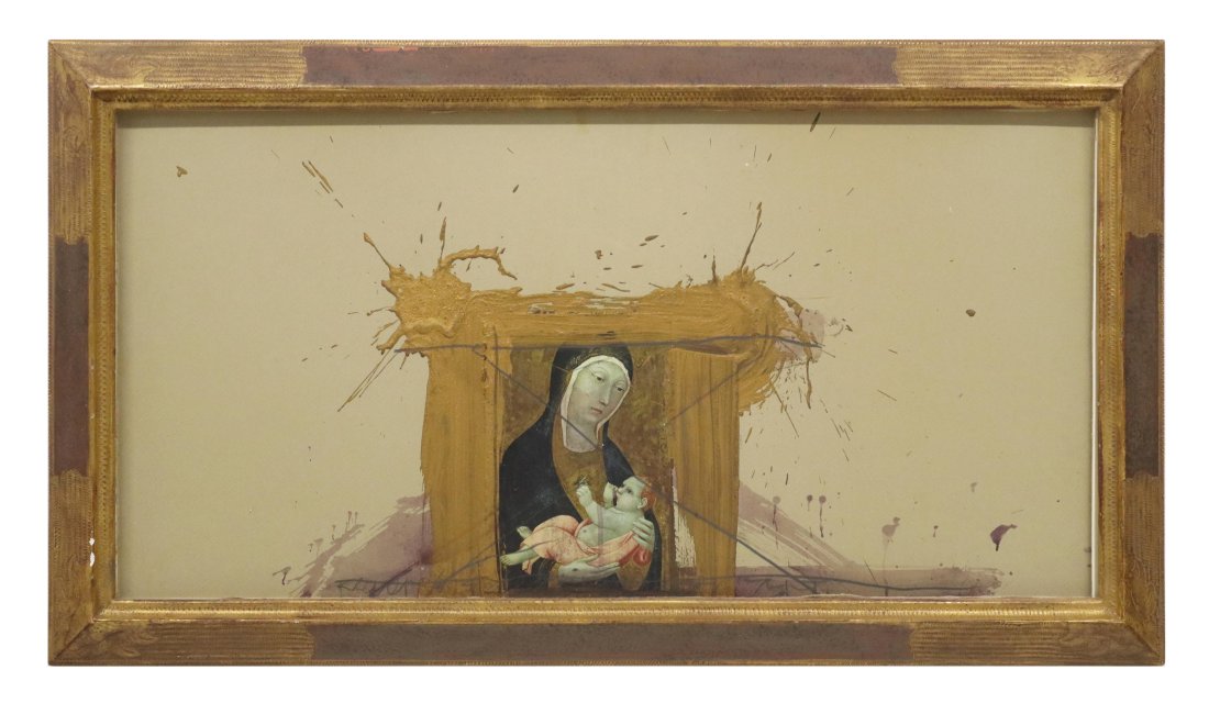 MICHAEL TRACY (B.1943) RELIGIOUS MIXED MEDIA: Framed mixed media painting with collage on paper, "Recuerdos de Sucre," Michael Tracy (American, active in Texas, b.1943), apparently unsigned, framers tag verso with typed personalization from Tracy