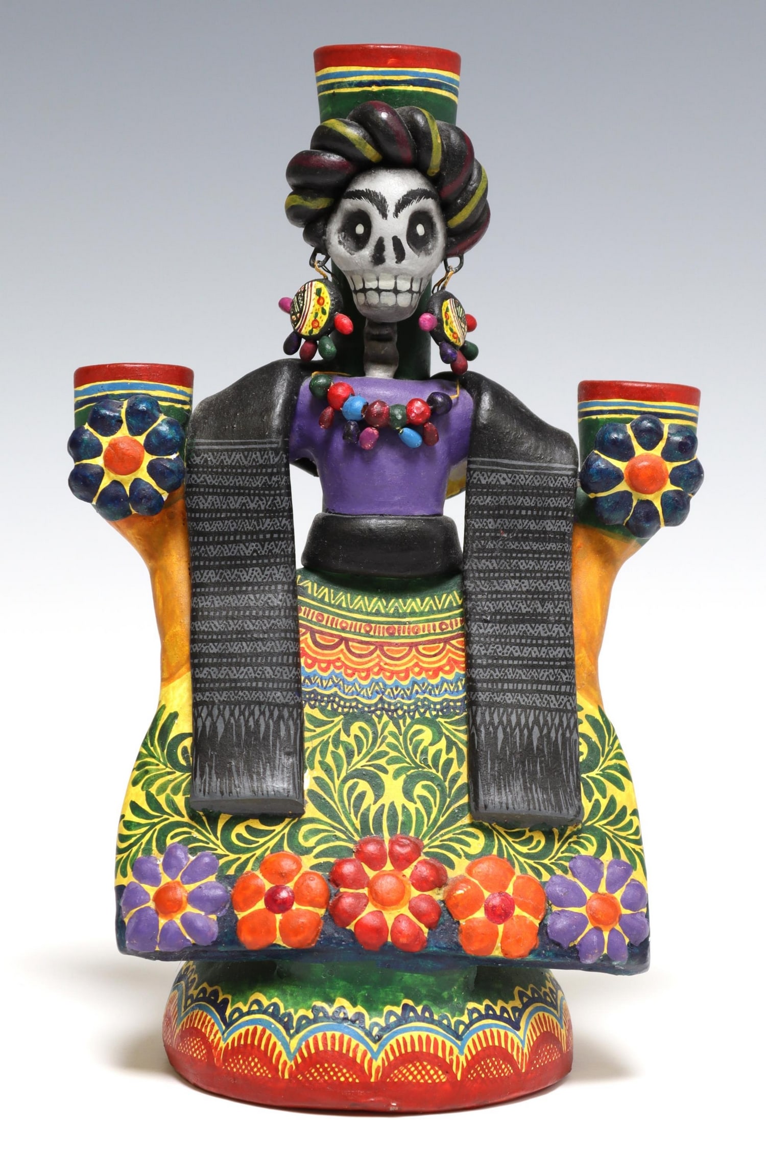 ALFONSO CASTILLO ORTA (MX) SKELETON CANDELABRUM: Polychrome painted folk art pottery three-light skeleton candelabrum, initialed AMC verso (Alfonso Castillo Orta, Izucar de Matamoros, Puebla, Mexico, 1944-2009), approx 8.5"h, 5"w, 3.5"d, 1.1lbs **PL