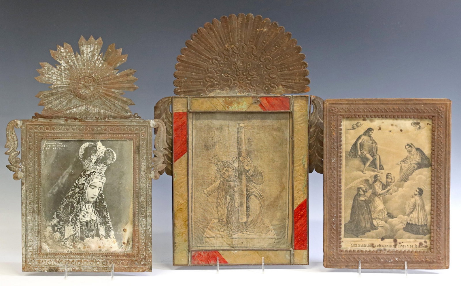 (3) ANTIQUE METAL FRAMED RETABLO PRINTS, MEXICO: (lot of 3) Framed retablo prints on paper, Mexico, each housed in an embossed metal nicho/ frame, including: (1) Christ's Passion, depicting Christ holding cross over shoulder, retablo: approx 11.25"h