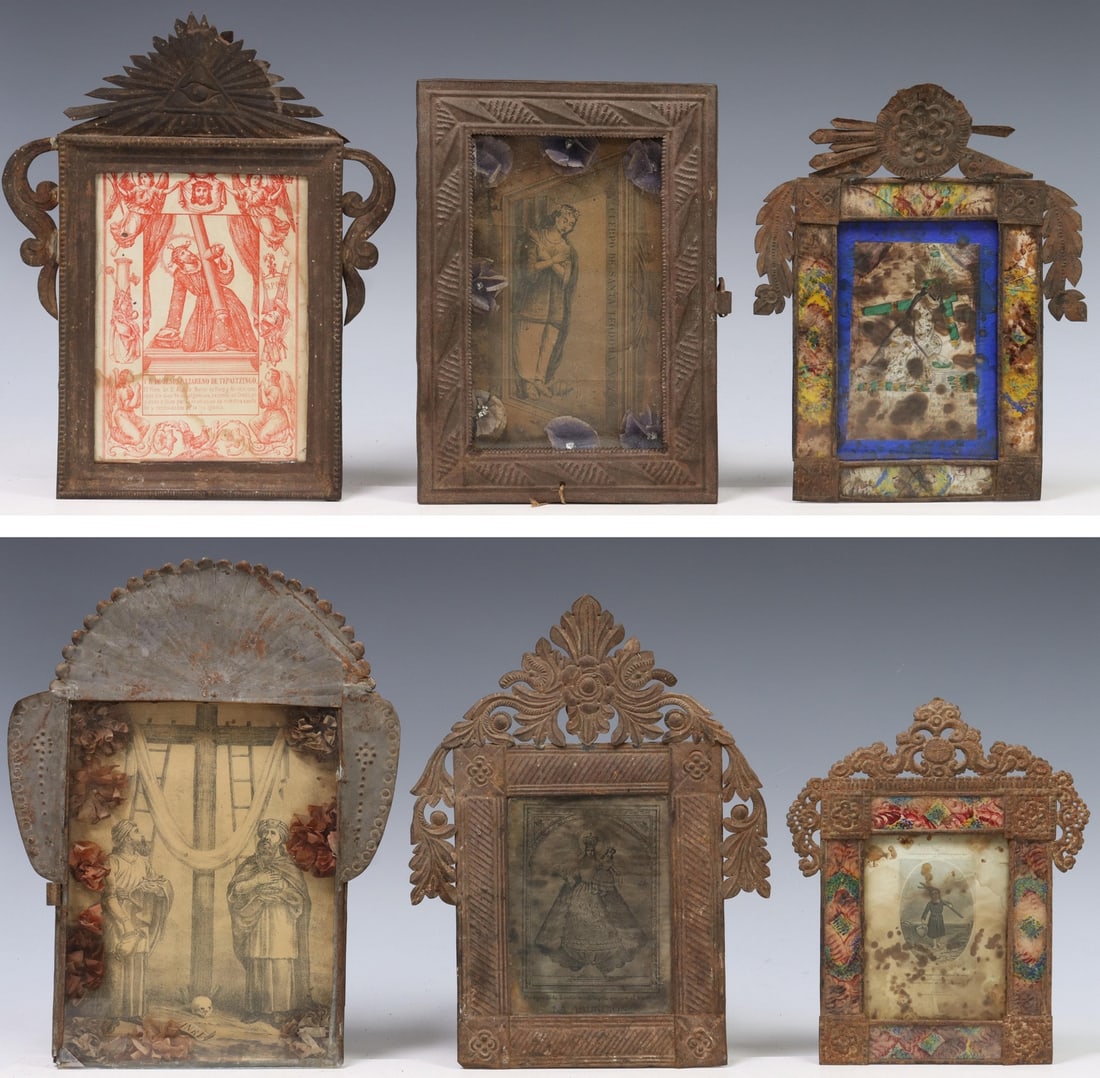 (6) FRAMED RELIGIOUS RETABLO PRINTS, MEXICO: (lot of 6) Framed retablo prints, Mexico, each housed in an embossed metal nicho/ frame, two with glass borders, including: (1) Cuerpo de Santa Teodora, with paper flowers, (2) Jesus Christ carrying t