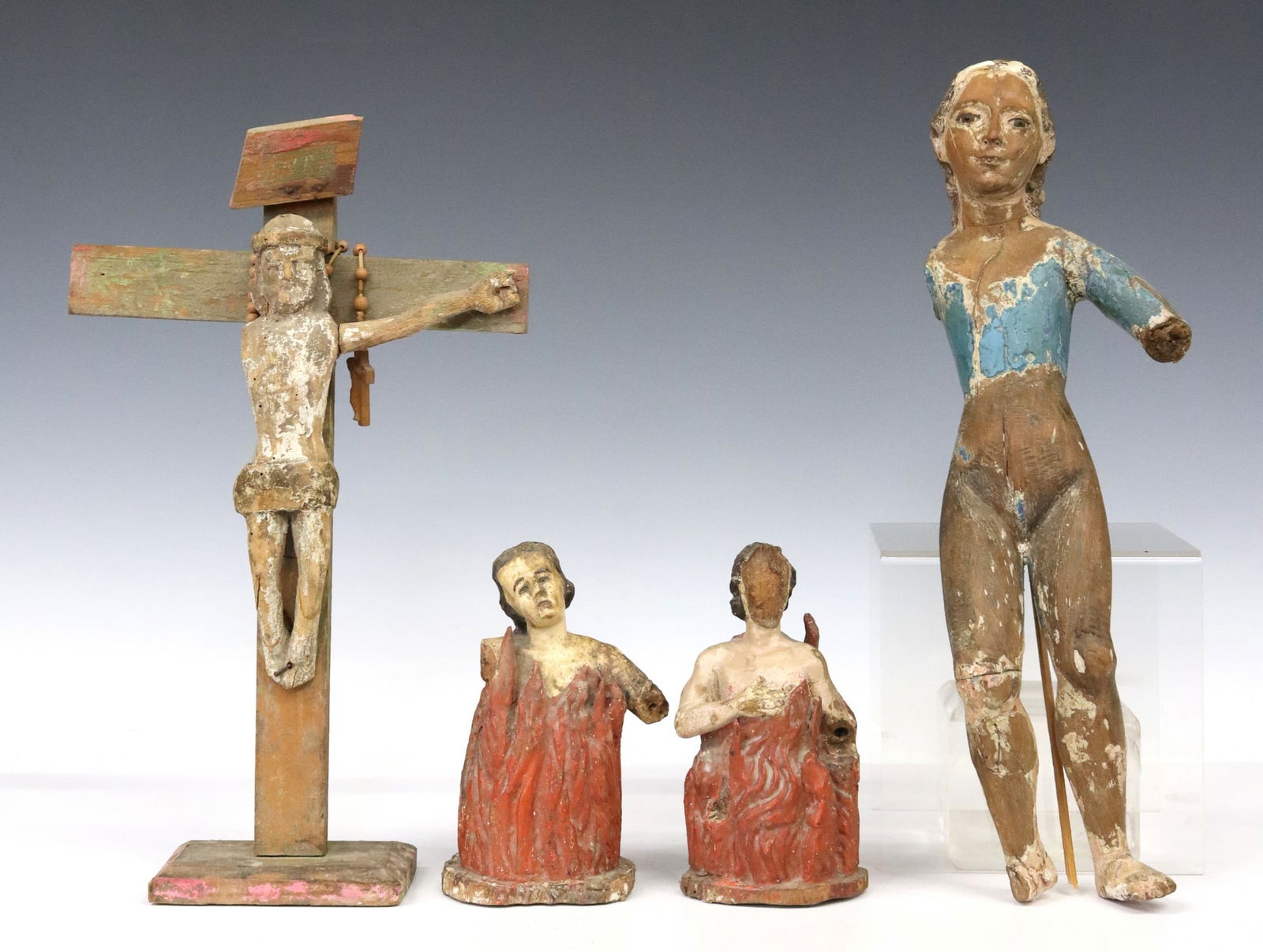 (4) MEXICAN CARVED & PAINTED SANTO/ ALTAR FIGURES: (lot of 4) Carved and polychrome painted santo/ altar figures, Mexico, all with some loss and wear, including: (2) Anima Sola (souls in purgatory), depicting figures consumed by flames, approx 6.5"h,