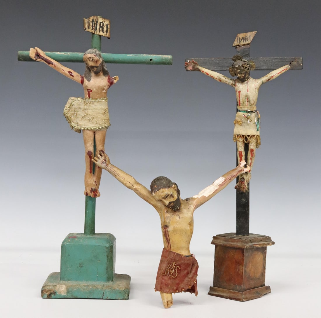 (3) CARVED & PAINTED SANTO FIGURES, CRUCIFIX: (lot of 3) Carved and painted santo/ altar figures, Mexico, each depicting Corpus Christi, some overall loss and wear, largest: 17.75"h, 9 7/8"w, 2.6lbs total **PLEASE NOTE: All of the religious altar