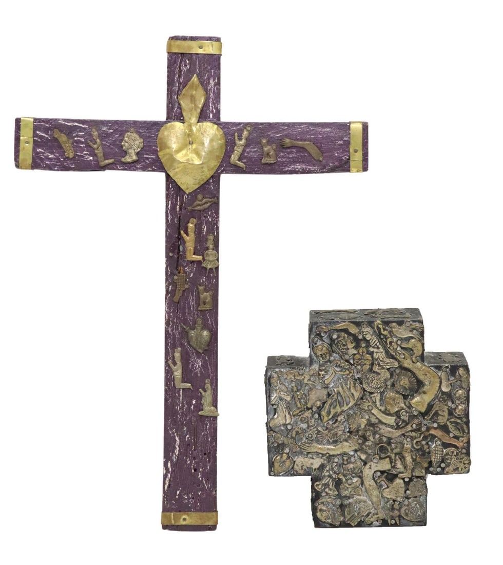 (2) MEXICO FOLK ART MILAGRO CROSSES, ESTELA OGAZON: (lot of 2) Folk art Milagro embellished wood crosses, Mexico, each with applied metal Milagro charms depicting praying figures, limbs, hearts, and animals, including: (1) stamped Estela Ogazon (Mexico