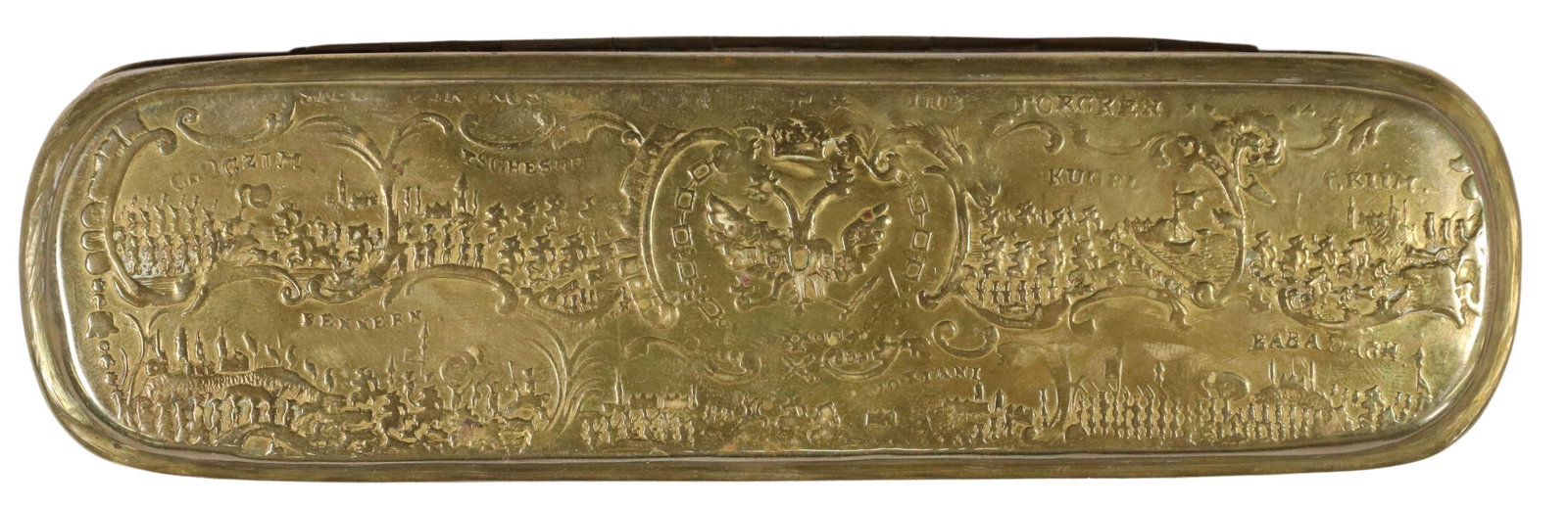 GERMAN BRASS RUSSO-TURKISH WAR TOBACCO-BOX: German tobacco or snuff box, marked IHB, attributed to Johan Henricus Becker (fl.1756-1775), late 18th c., brass lid and base with designs in relief, commemorating the Focsani Peace Negotiations in th