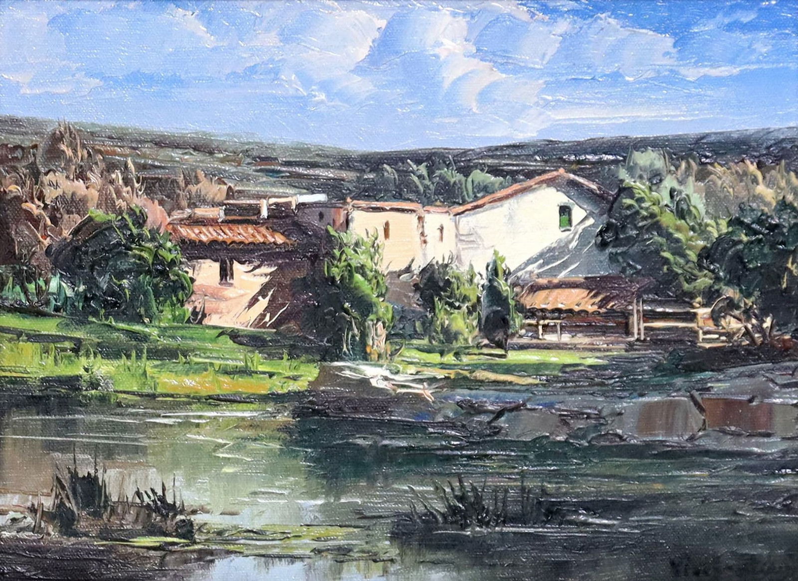 JOSE VIVES-ATSARA (1919-2004) CATALONIA, 9" X 12": Framed oil on canvas painting, "Countryside," Catalonia, Spain, signed lower right Vives-Atsara (Jose Vives-Atsara, Spanish, active in Texas, 1919-2004), titled with inventory number #M-663 verso, sig