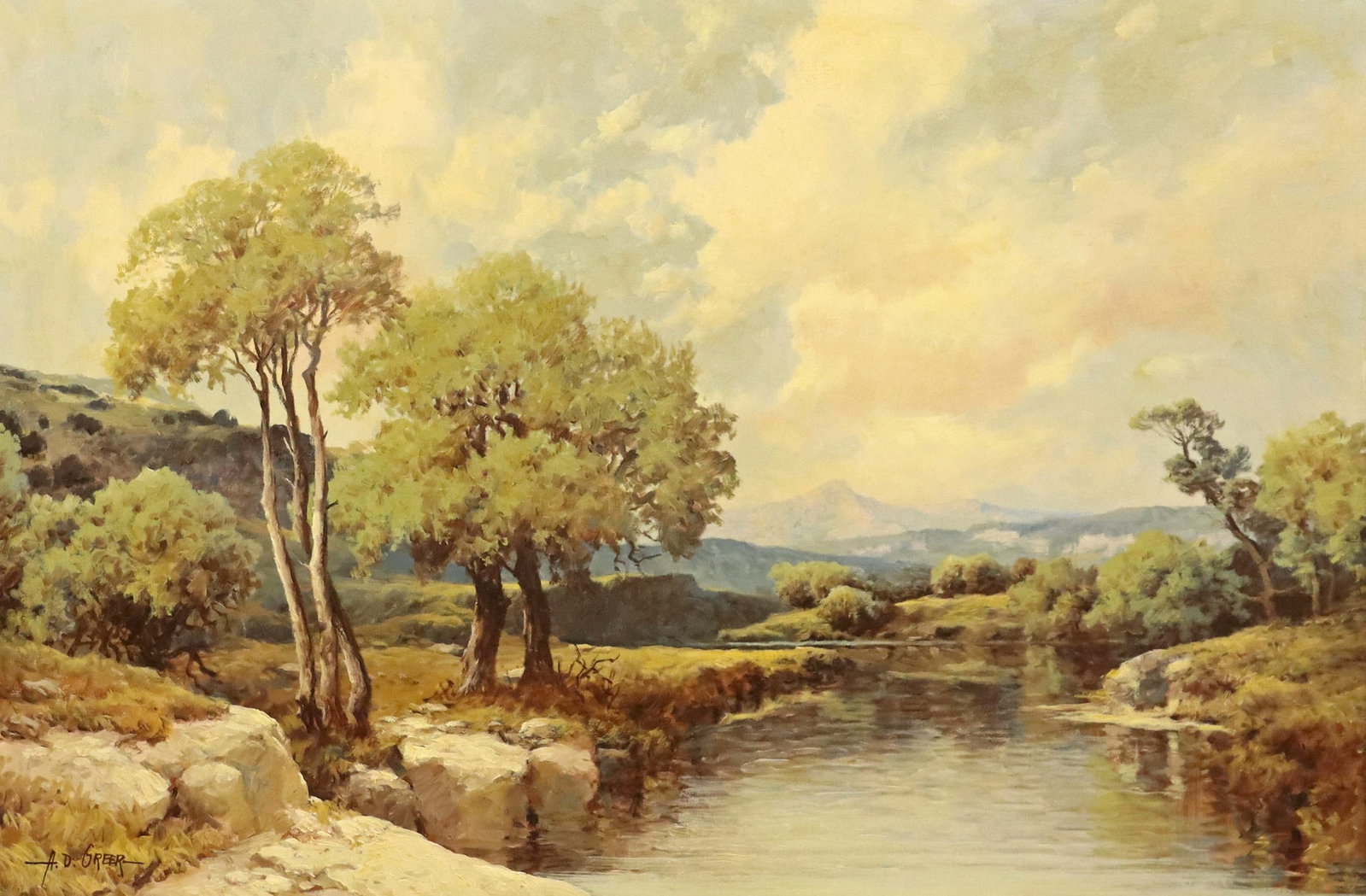 A.D. GREER (1904-1998) RIO GRANDE RIVER, 24" X 36": Framed oil on canvas painting, "El Rio Grande," signed lower left A.D. Greer (Aubrey Dale Greer, Texas, 1904-1998), sight: approx 23 3/8"h, 35 3/8"w, overall: 35.5"h, 47.5"w, 13.25lbs **Provenance: Fr
