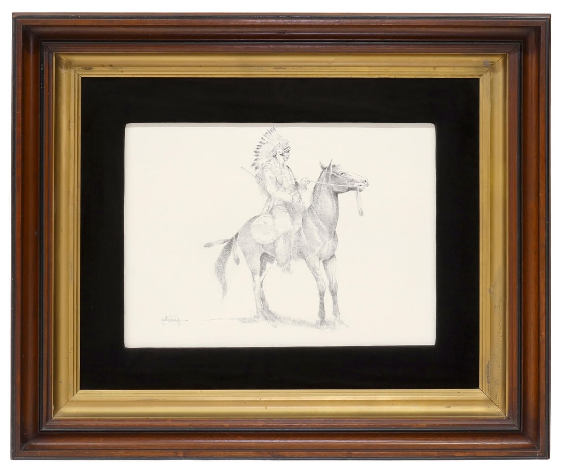 RAUL GUTIERREZ (B.1935) DRAWING NATIVE AMERICAN: Framed charcoal drawing on canvas, Native American on Horseback, signed lower left Gutierrez (Raul Gutierrez, Texas, b.1935), sight: approx 15.25"h, 11"w, overall: 22"h, 26"w, 6lbs Start Price: $150.0