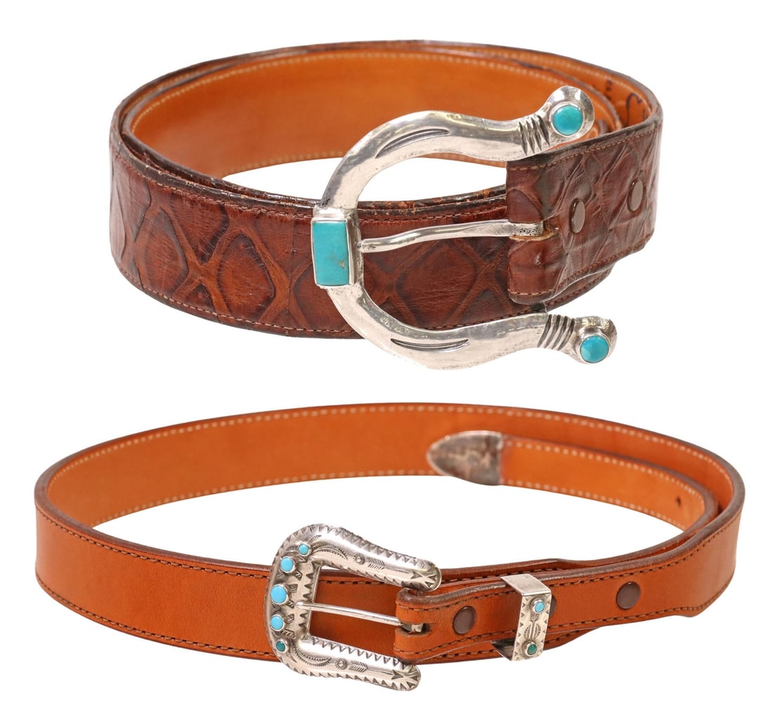 (2) WESTERN LEATHER BELTS SILVER TURQUOISE BUCKLES: (lot of 2) Western leather belts with silver buckles, including: (1) three-piece sterling silver ranger buckle set, stamp work designs accented with turquoise cabochons, (one) buckle, approx 2"l, 1.75