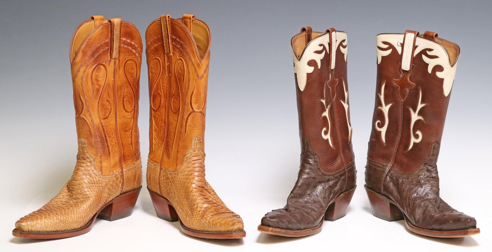 2PR) WOMEN'S LUCCHESE CLASSIC LEATHER COWBOY BOOTS: (2 pair) Women's Lucchese Classics Handmade leather cowboy boots, both marked size 7, with stitched shaft, accompanied by fabric dust cover, including: (1) in patinated tan leather, with snakeskin vam