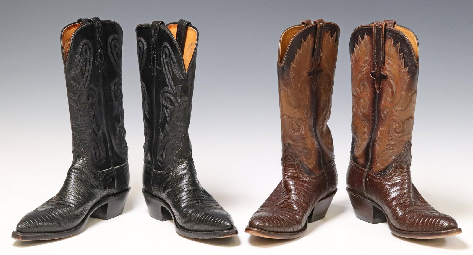 (2PR) WOMEN'S LUCCHESE CLASSIC & 1883 COWBOY BOOTS: (2 pair) Women's Lucchese leather cowboy boots, both marked size 7, with lizard leather vamp and stitched shaft, including: (1) Lucchese Classics Handmade, in two-tone brown leather, style number L403