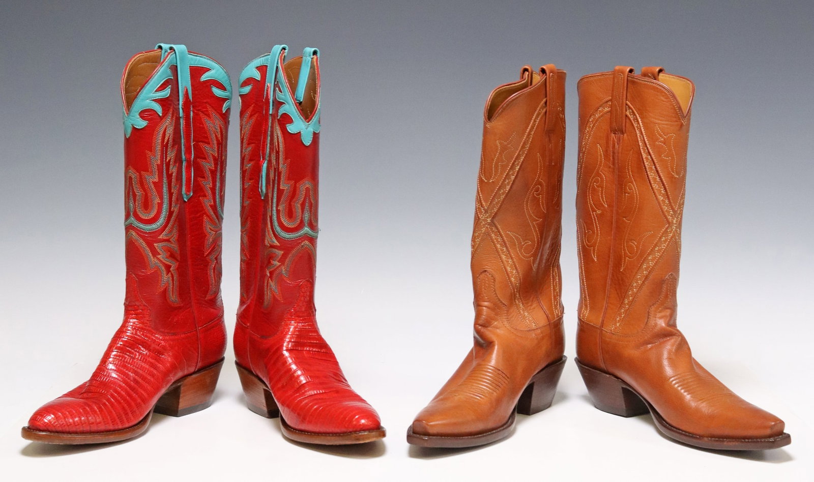 2PR) WOMEN'S LUCCHESE CLASSIC LEATHER COWBOY BOOTS: (2 pair) Women's Lucchese Classics Handmade leather cowboy boots, both marked size 7, with stitched shaft, (1) in tan grained leather, style number L0509, retaining J. Gilbert Footwear, Tucson, Arizon