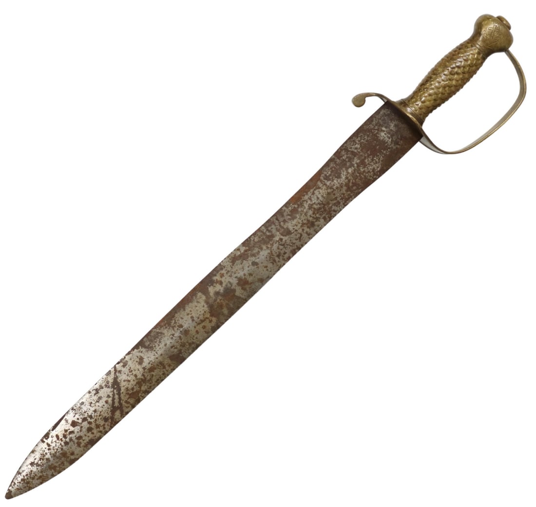 CONFEDERATE NAVAL SWORD, COOK & BRO, NEW ORLEANS: Confederate Navy Sword by Ferdinand W.C. Cook and Francis Cook, New Orleans, later Athens, Georgia, the 20.25" spear point blade with surface rust, no visible marking, scaled brass grips, curving bras