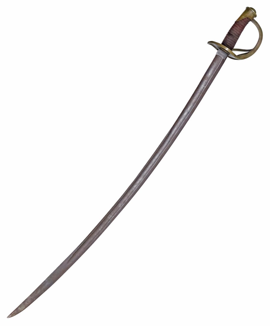 CIVIL WAR ERA M1840 HEAVY CAVALRY SWORD, SOLINGEN: Model 1840 Heavy Cavalry sword, the 36" curving blade marked at the ricasso "W. Walscheid" (Soligen is obscured), a three branch brass guard and wire wrapped handle with brass pommel, the blade is dar