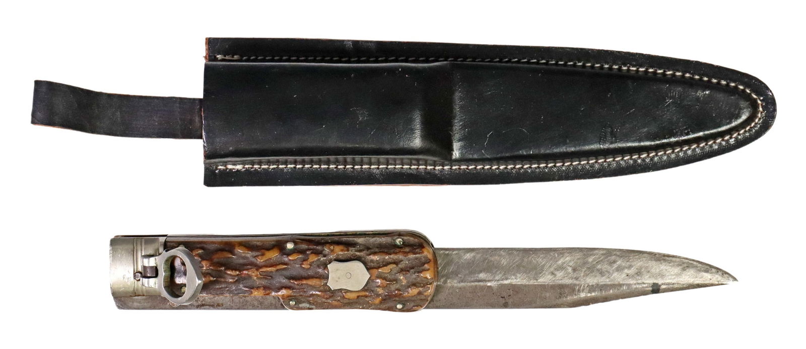 FOLDING BOWIE KNIFE BY F. HERDER, SOLINGEN: German-made folding Bowie knife, the 7.75" drop point blade marked below the false edge "F. Herder Abr. Sohn, Solingen" with Spade and Keys logo marks, the ricassos are unmarked, stag like six pin sca