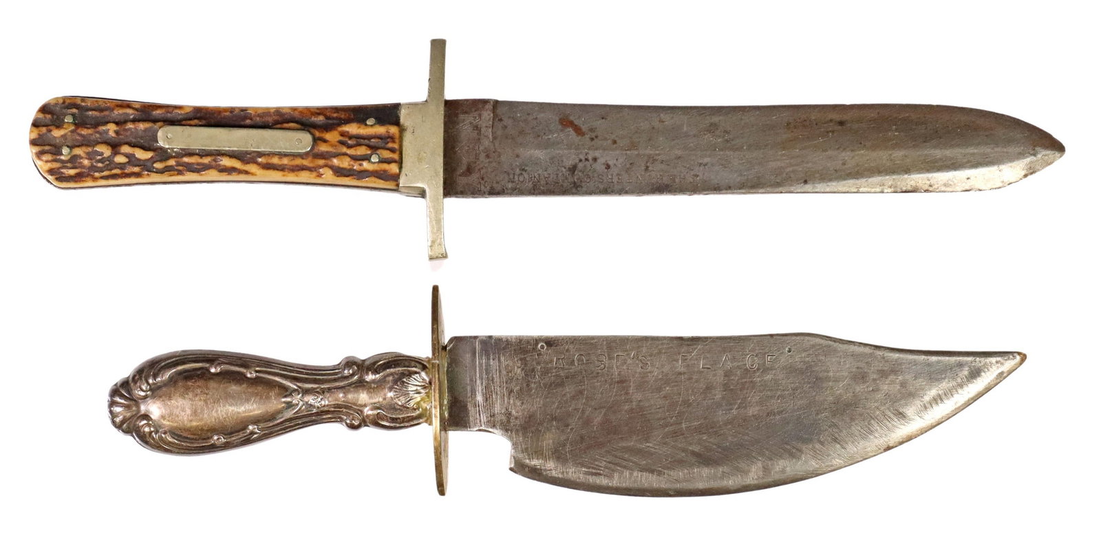 (2) KNIVES, R.H. ALEXASNDR, NY & S. RICHARD, MASS.: (lot of 2) Antique knives: (1) Knife produced in Sheffield, England and imported by R.H. Alexander, New York City, c. 1860's, the spear point 6.25" blade marked at the false edge "The Hunters Companio