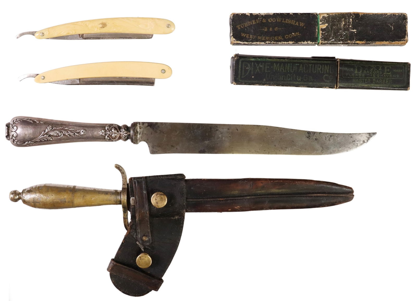 (6) KNIVES & STRAIGHT RAZORS: (lot of 6) Knives and razors: (1) dagger, 7.25" blade, the S form guard and handle with remnants of silver tone plating, ball pommel, housed in black leather military style sheath, no maker marks, ove