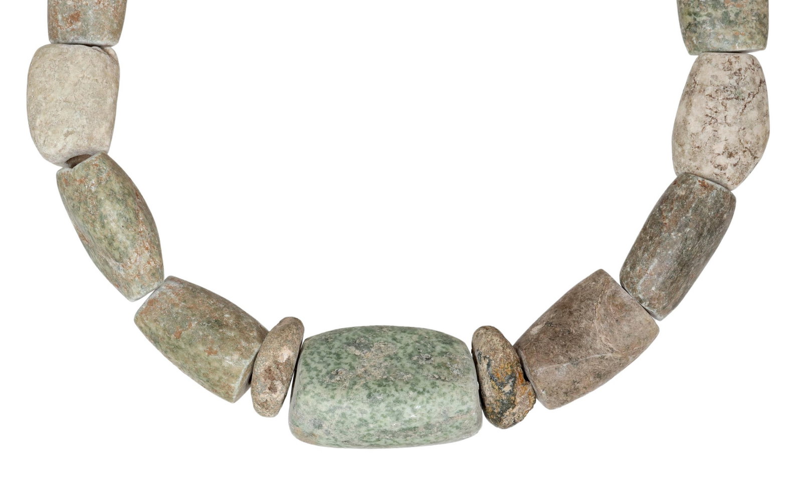 PRE-COLUMBIAN CYLINDRICAL STONE BEADS, GUERRERO: Pre-Columbian stone beads, Guerrero, Mexico, c.200BC-200AD, strung and fashioned as a necklace, comprised of 17 cylindrical and round stone beads of various sizes, for display purposes only, largest s