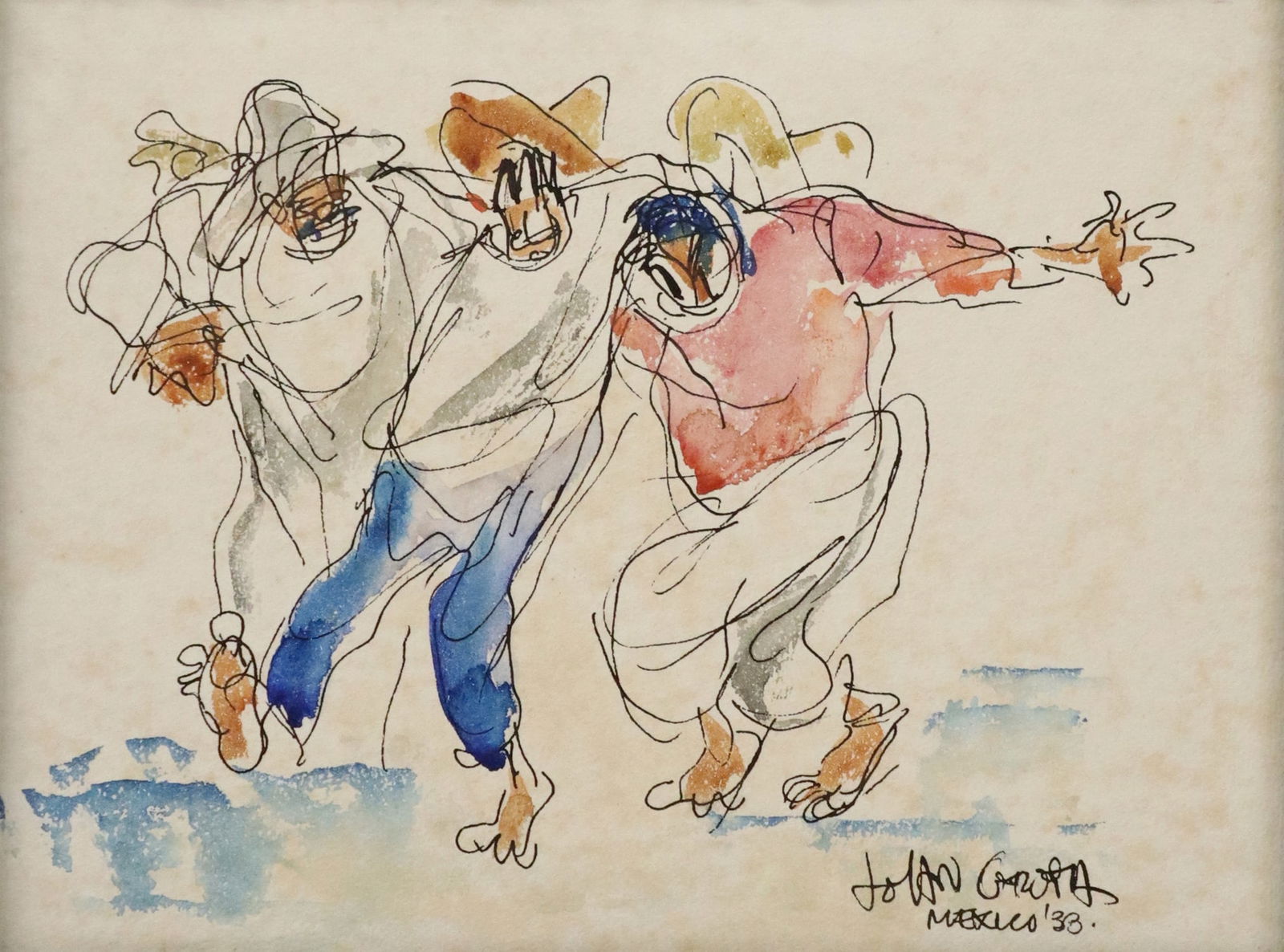 JOHN GROTH (D.1988) ILLUSTRATION ACAPULCO MEXICO: Framed ink and watercolor painting on paper, "Acapulco," signed lower right John Groth (John August Groth, American, 1908-1988), Mexico, [19]33, sight: approx 6.75"h, 8.75"w, overall: 8.5"h, 10.5"w, 1