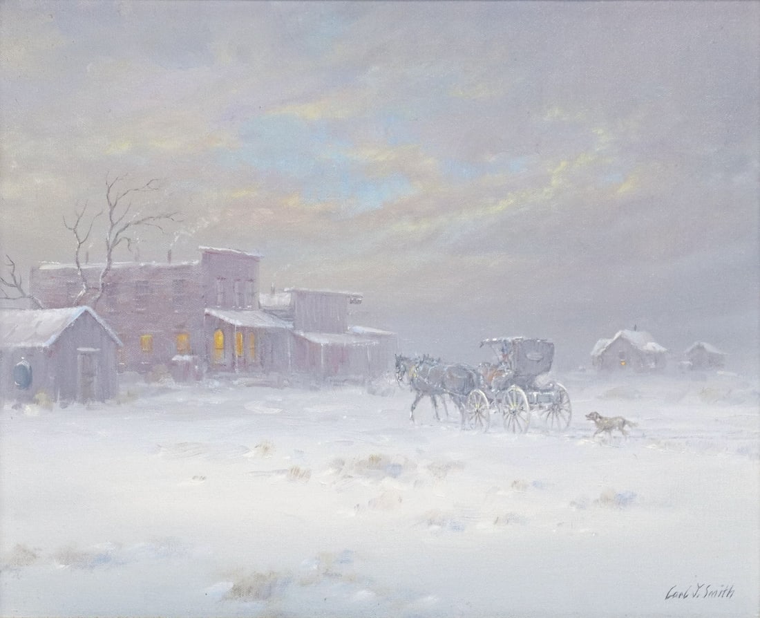 CARL J. SMITH (B.1928) WINTER CARRIAGE, 16" X 20": Framed oil on canvas painting, "Winter Shopper," signed lower right Carl J. Smith (Texas, b.1928), sight: approx 15.5"h, 19.5"w, overall: 22.75"h, 26.75"w, 5.25lbs **Provenance: From the estate of Les