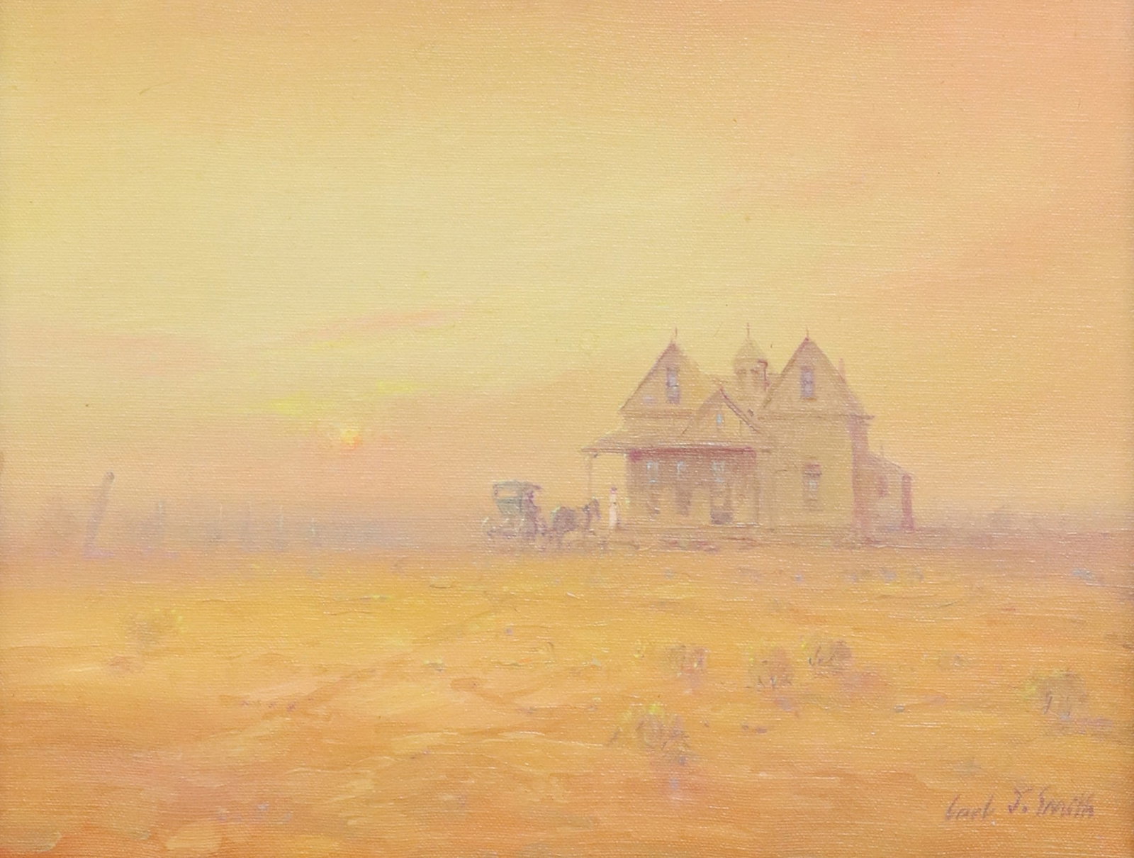 CARL J. SMITH (B.1928) PRAIRIE MANSION, 11" X 14": Framed oil on canvas painting, "Prairie Mansion," signed lower right Carl J. Smith (Texas, b.1928), sight: approx 10.5"h, 13.5"w, overall: 16.75"h, 19.75"w, 3.25lbs **Provenance: From the estate of Le