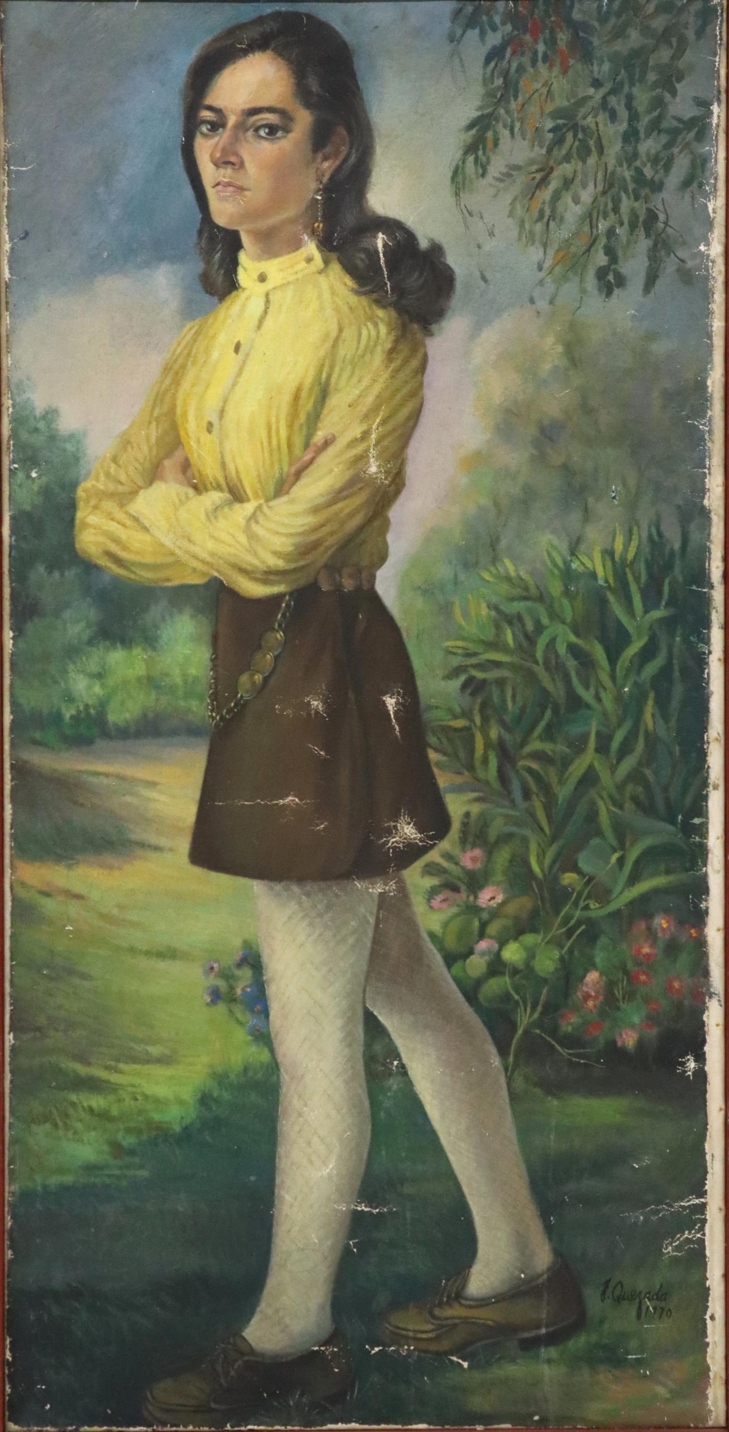 JOSEFINA QUEZADA (1925-2012) FULL-LENGTH PORTRAIT: Framed oil on canvas painting, "Retrato de Elba Uribe Rodriguez," signed lower right J. Quezada (Josefina Quezada, Mexican-American, 1925-2012), dated 1970, abrasions with associated paint losses, sig