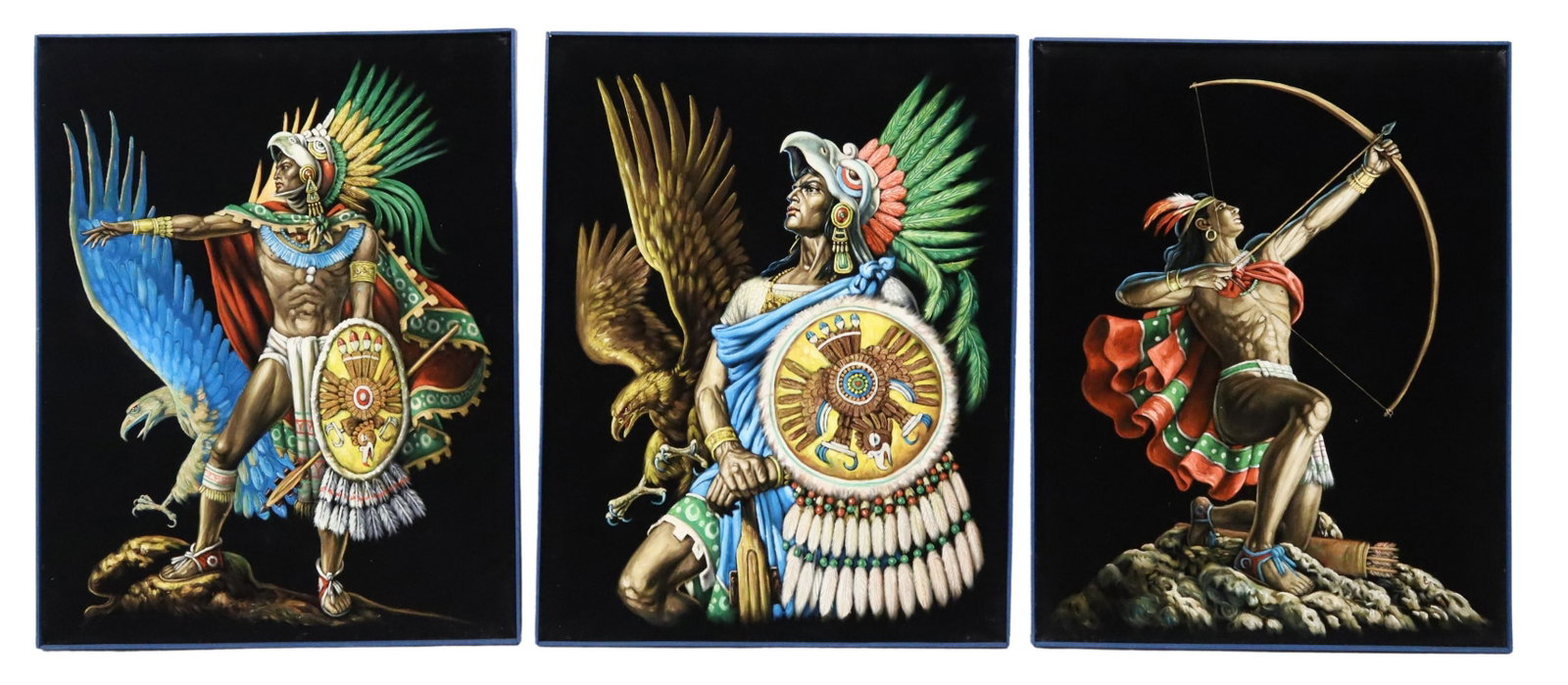 (3) FRAMED VELVET PAINTINGS OF AZTEC WARRIORS: (lot of 3) Framed paintings on black velvet, Aztec Eagle Warriors and Archer, sight: approx 35.5"h, 27.5"w, overall: 36.25"h, 28.25"w; 9lbs total Start Price: $80.00
