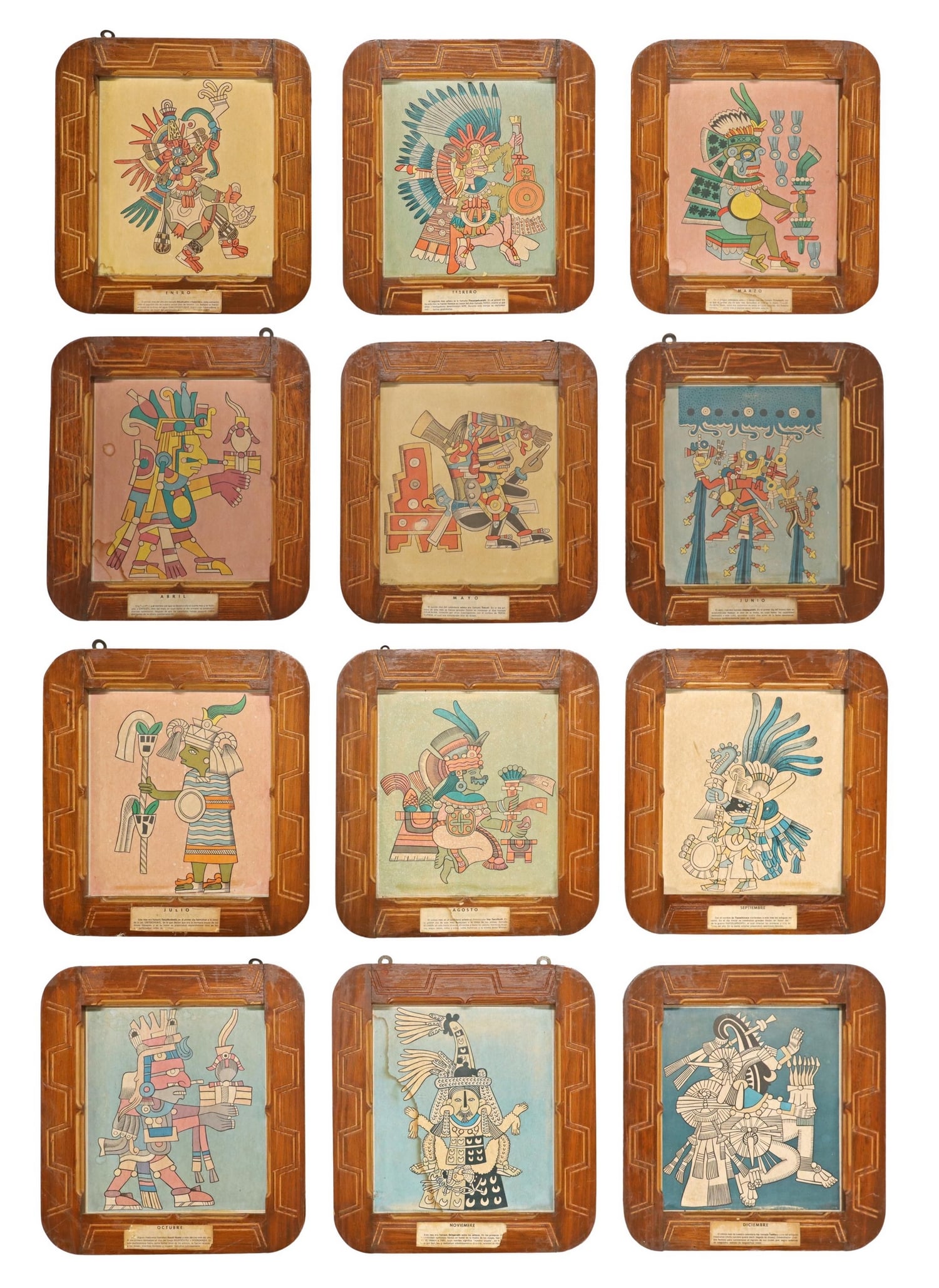 (12) FRAMED PRINTS AZTEC CODEX MONTHS OF THE YEAR: (lot of 12) Framed prints on paper mounted to board, representing the twelve months of the year after illustrations from the Aztec Codex, staining, sight: approx 10.5"h, 9.25"w, overall: 14.75"h, 13.5