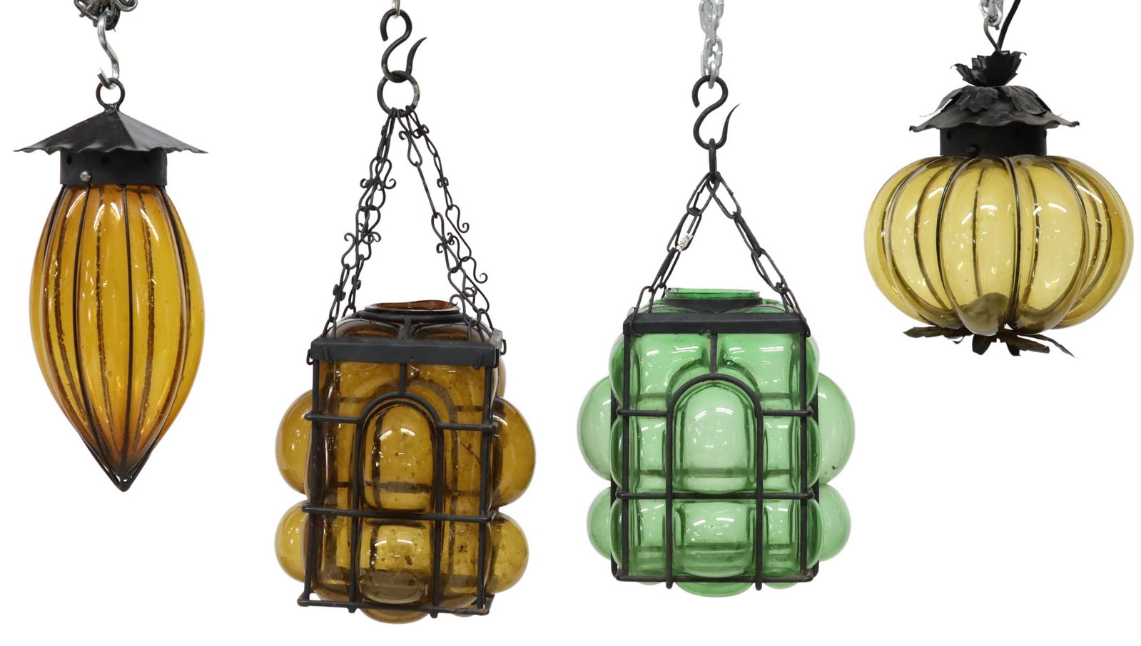 (4) IRON & COLORED GLASS LANTERNS, MEXICO: (lot of 4) Iron and hand blown colored glass lanterns, Mexico, including: (2) long form with shaped patterns, with attached hanging material, approx 12.75"h, 10"diam; (1) tear-drop form, approx 16"h, 