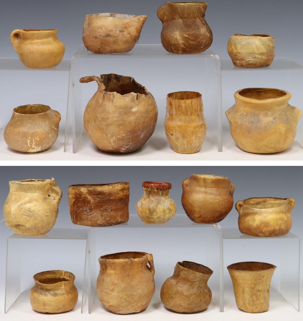 (17) ANIMAL HIDE VESSELS, MEXICO: (lot of 17) Animal hide vessels, Mexico, various size and form, largest: approx 6 3/8"h, 6.2"diam; smallest: approx 3"h, 4.6"diam, 1.4lbs total Start Price: $80.00