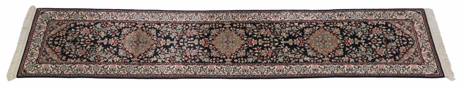 HAND-TIED ESTATE RUNNER, 12'3" X 2'6.5": Hand-tied estate runner, approx 12'3"l, 2'6.5"w **Please Note: All of the rugs offered in this auction would likely benefit from a professional cleaning. Estate rugs may show some wear and imperfectio