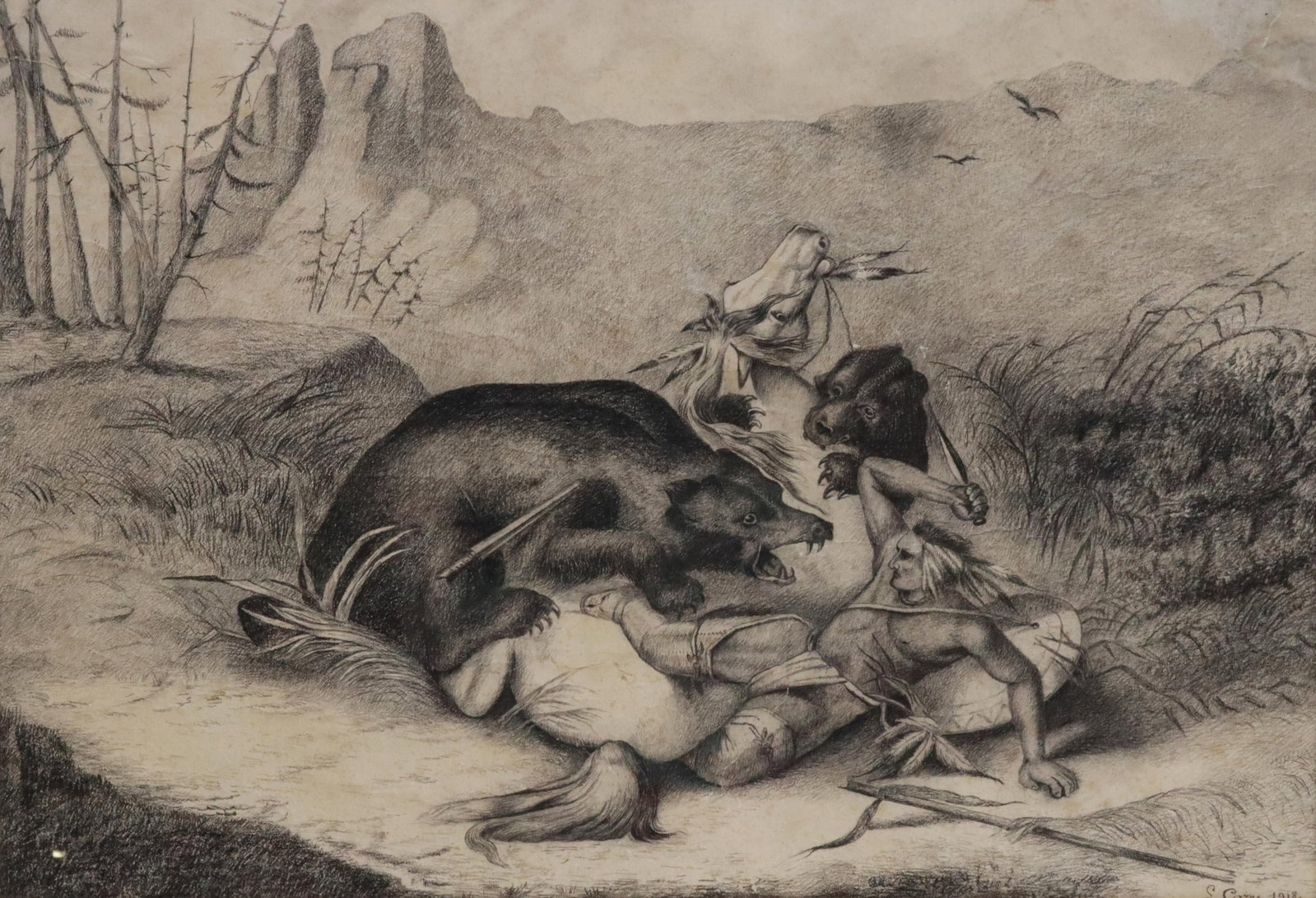 SIGNED CHARCOAL DRAWING BEAR ATTACKING INDIAN 1918: Framed charcoal drawing on paper, Bears Attacking a Pawnee Hunter, signed lower right L. Cazes (?), dated 1918, sight: approx 18"h, 26"w, overall: 19.75"h, 27.75"w, 5.5lbs Start Price: $80.00
