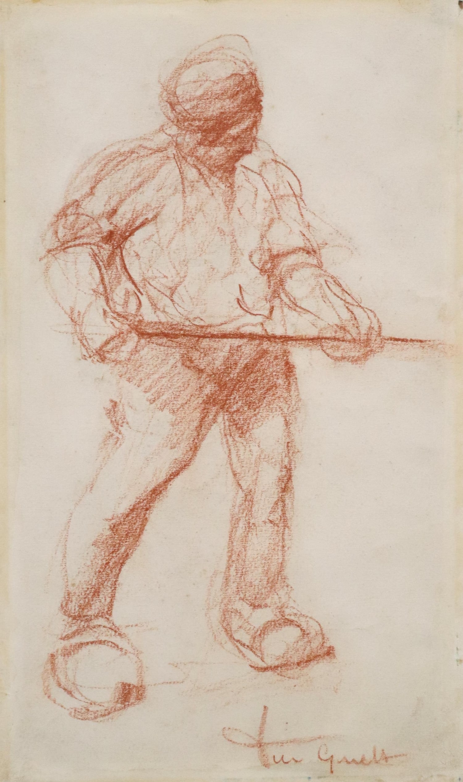 JOSE VAN GUCHT (1913-1980) SKETCH STEEL WORKER: Framed sanguine/ red crayon drawing on paper, Steel Worker, signed lower right Van Gucht (Jose Van Gucht, Belgian, 1913-1980), sheet: approx 10.75"h, 6.5"w, overall: 21.25"h, 16"w, 5.5lbs Start Price: