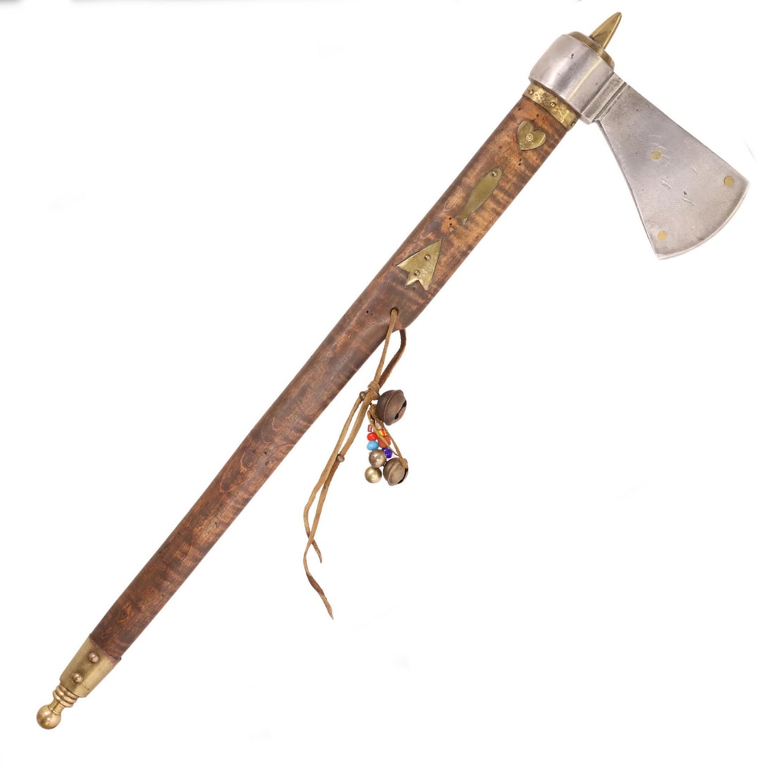 CONTEMPORARY NATIVE AMERICAN STYLE TOMAHAWK: (lot of 2) Contemporary Native American style tomahawk, the steel blade with three inset brass rivets, the maple handle with brass decoration including a heart, fish, and arrowhead, a leather strap wi