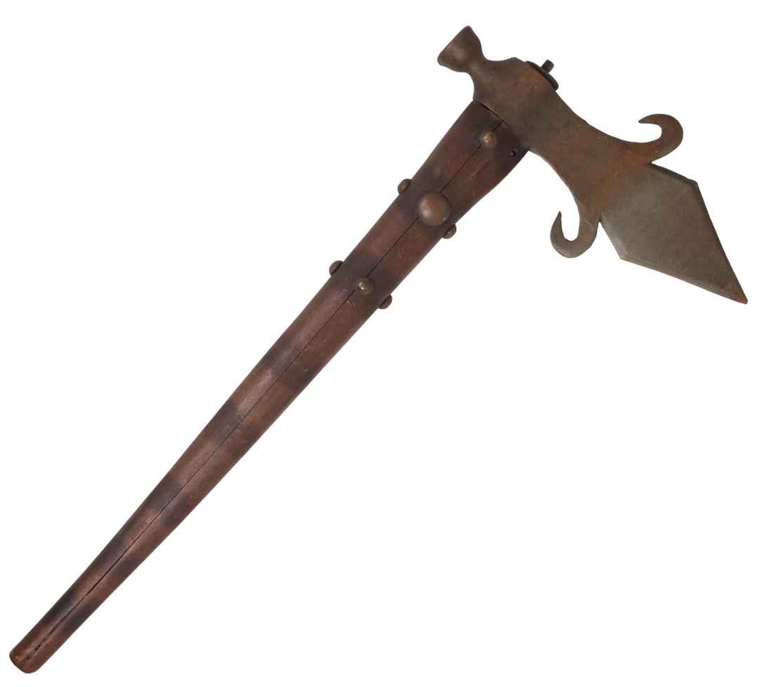 CONTEMPORARY NATIVE AMERICAN STYLE PIPE TOMAHAWK: Contemporary Native American style tomahawk with a copper blade having two hooks, the opposite side with a pipe cup, tack decoration on the wood handle, blade to cup end: approx 9.5"l, blade: 4.25"w, 