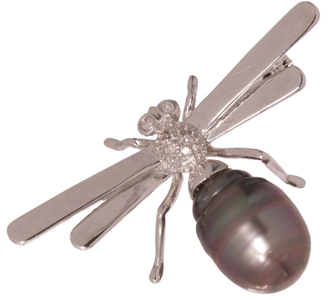 ESTATE 14KT WHITE GOLD, DIAMOND & PEARL INSECT PIN (1 of 3)