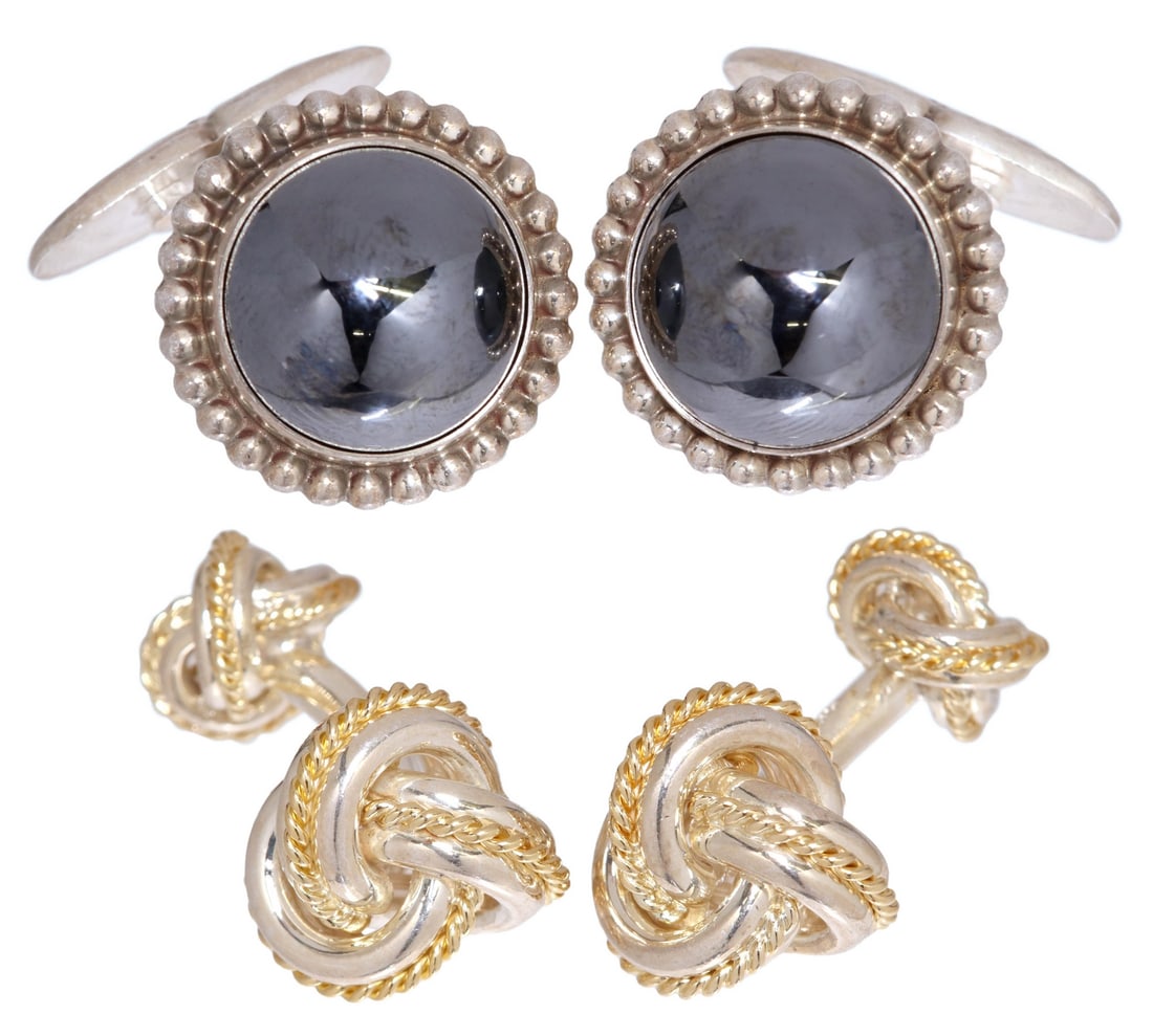 (2PR) TIFFANY & COMPANY & GEORG JENSEN CUFFLINKS: (2 pair) Estate gent's cufflinks: (pair) Tiffany & Company sterling silver "double knot" with 18kt gold accents, fixed back, stamped Tiffany & Co., 925, 750, approx 1 1/8"l, 3/8"w; (pair) Georg Jensen