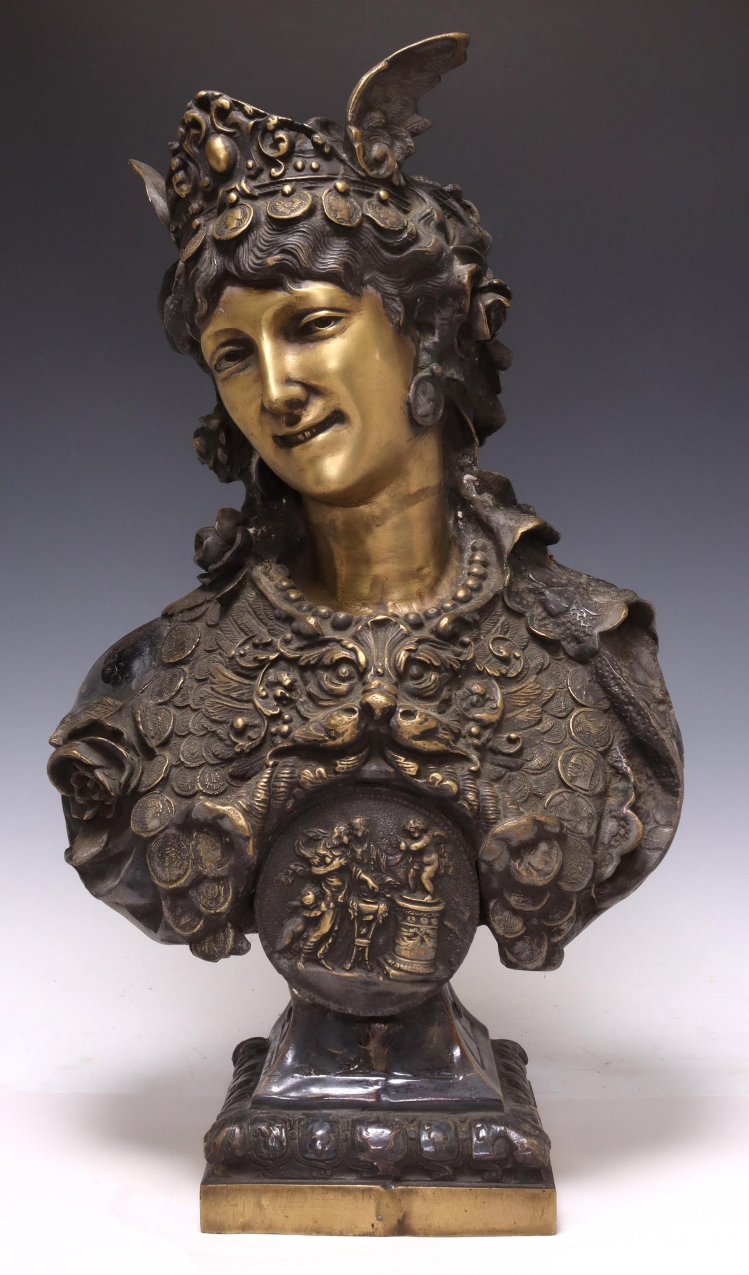 AFTER WAAGEN (D.1898) BRONZE BUST, 'TIME IS MONEY': Patinated bronze bust, "Time is Money," signed in cast after Arthur Waagen (German, 1833-1898), featuring a woman wearing a winged tiara, rising on integral socle, approx 25"h, 14.5"w, 8.25"d, 52lbs S