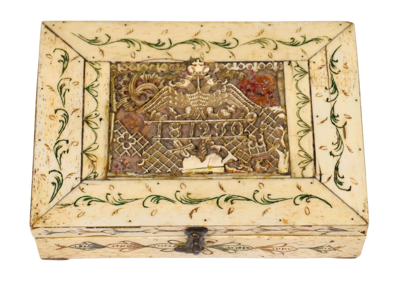 RUSSIAN BONE-TILED ARMORIAL EAGLE TABLE BOX 19TH C: Russian bone-tiled table box, 19th c., hinged lid with double-headed Imperial eagle, dated 1812, top and sides with pigmented brown and green foliate motifs, inscribed 1812 Habropoq? to underside, app