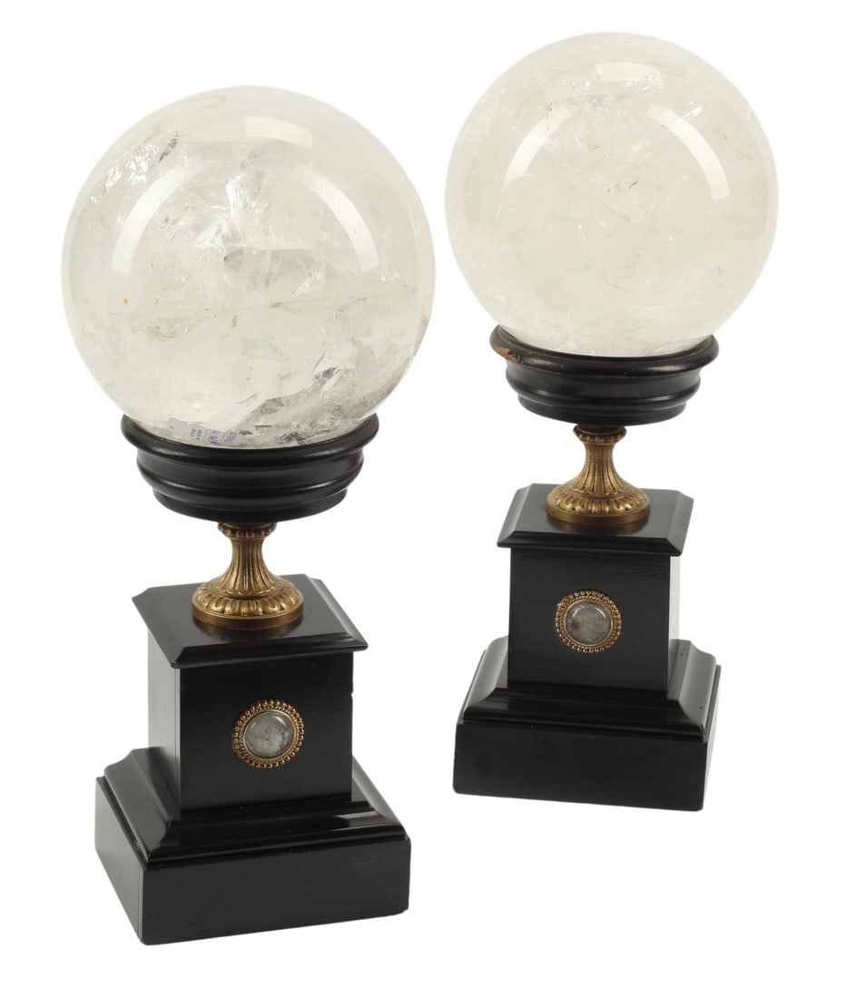 (2) DECORATIVE ROCK CRYSTAL SPHERES ON BLACK BASES (1 of 4)