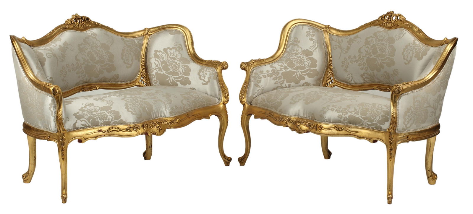 (2) LOUIS XV STYLE GILT & UPHOLSTERED SETTEES: (pair) Louis XV style gilt settees/ sofas, upholstered back and seat, on cabriole legs, approx 35.5"h, 50.5"w, 26"d, seat height: 19.5"h Start Price: $600.00 **NOTE: ALL JEWELRY LOTS REALIZING OVER $1